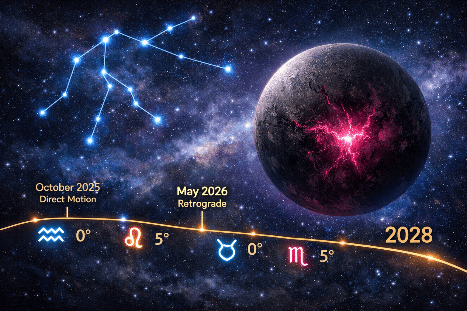 Wide landscape () illustration of Pluto as a dark brooding sphere with glowing magenta core, positioned against the Aquarius