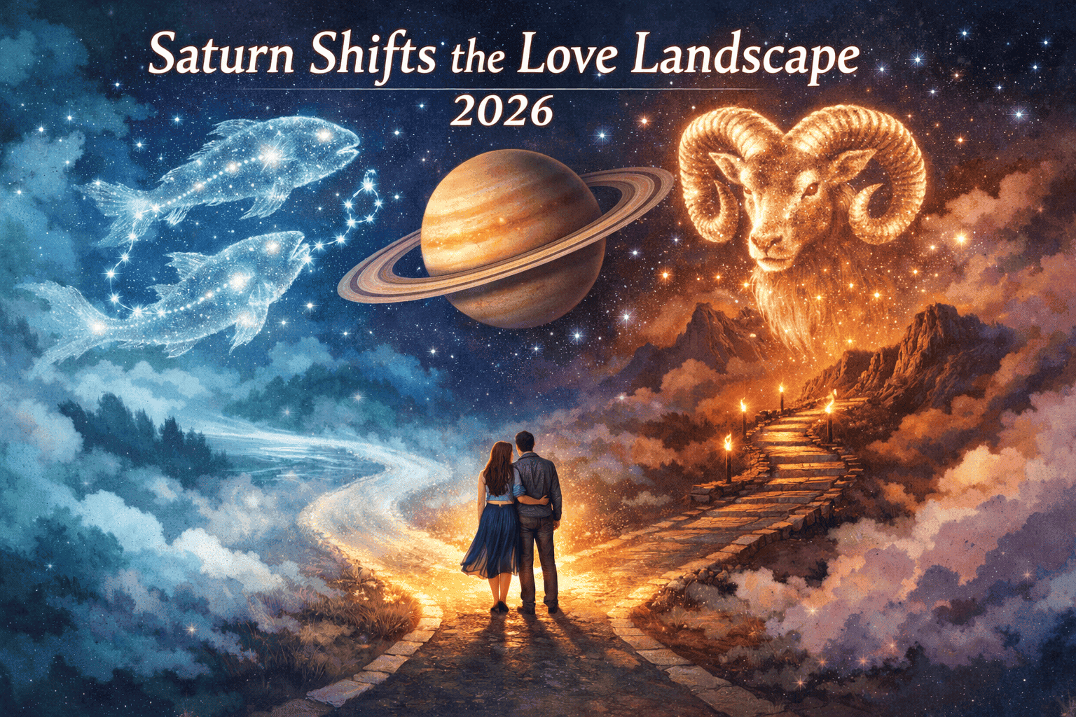 Wide landscape () illustration of Saturn's ringed planet transitioning from Pisces fish constellation to Aries ram symbol,