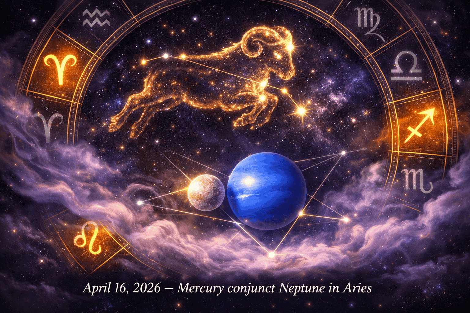 Wide landscape () illustration showing the Aries constellation glowing in deep violet and gold against a dark cosmic