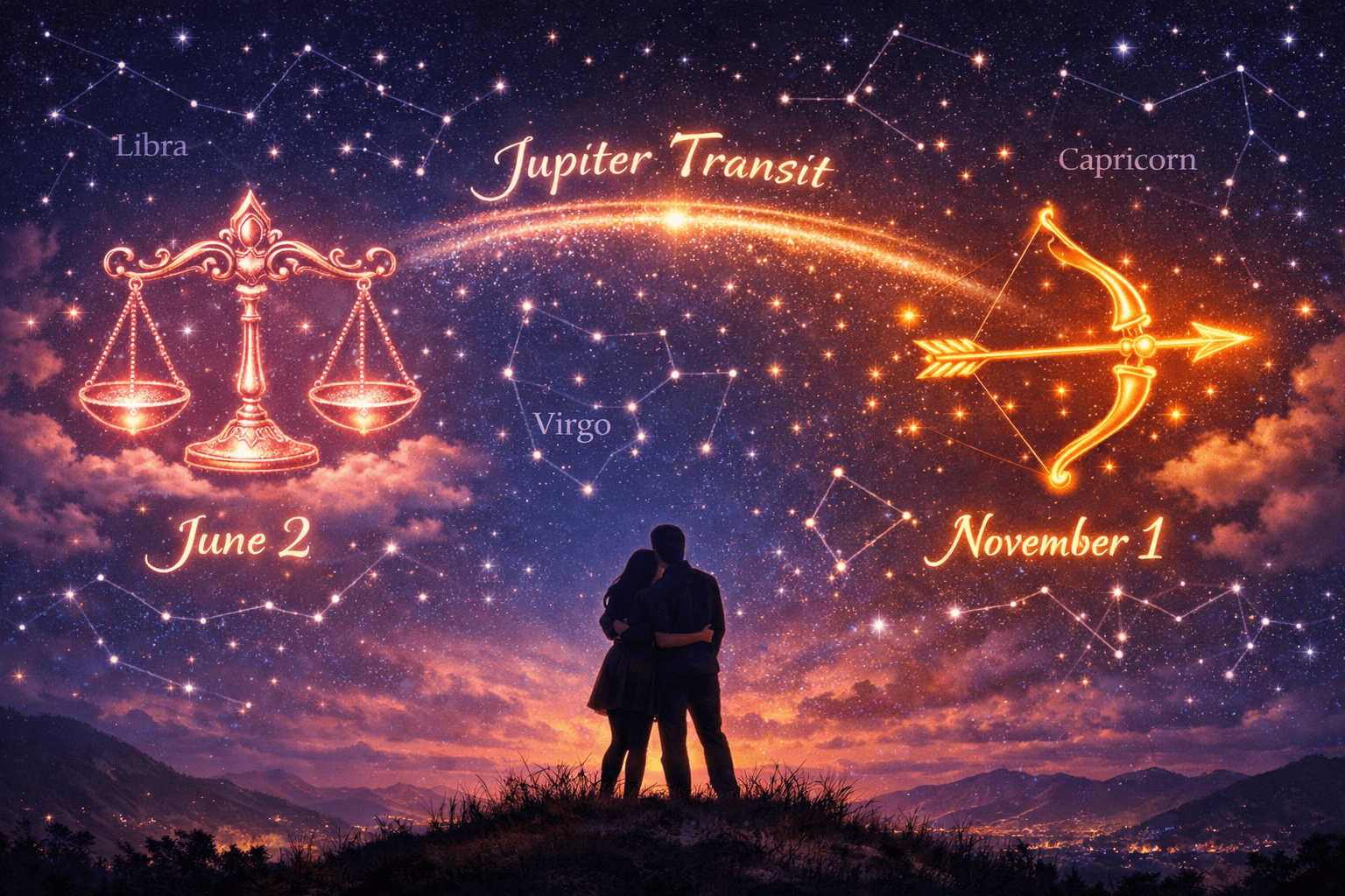 Wide () split-scene illustration showing two distinct zodiac symbols — the Libra scales glowing in soft rose-gold light on