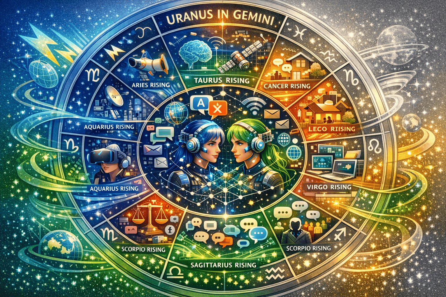 Zodiac wheel divided into personalized rising sign segments, each quadrant uniquely illustrated to represent communication