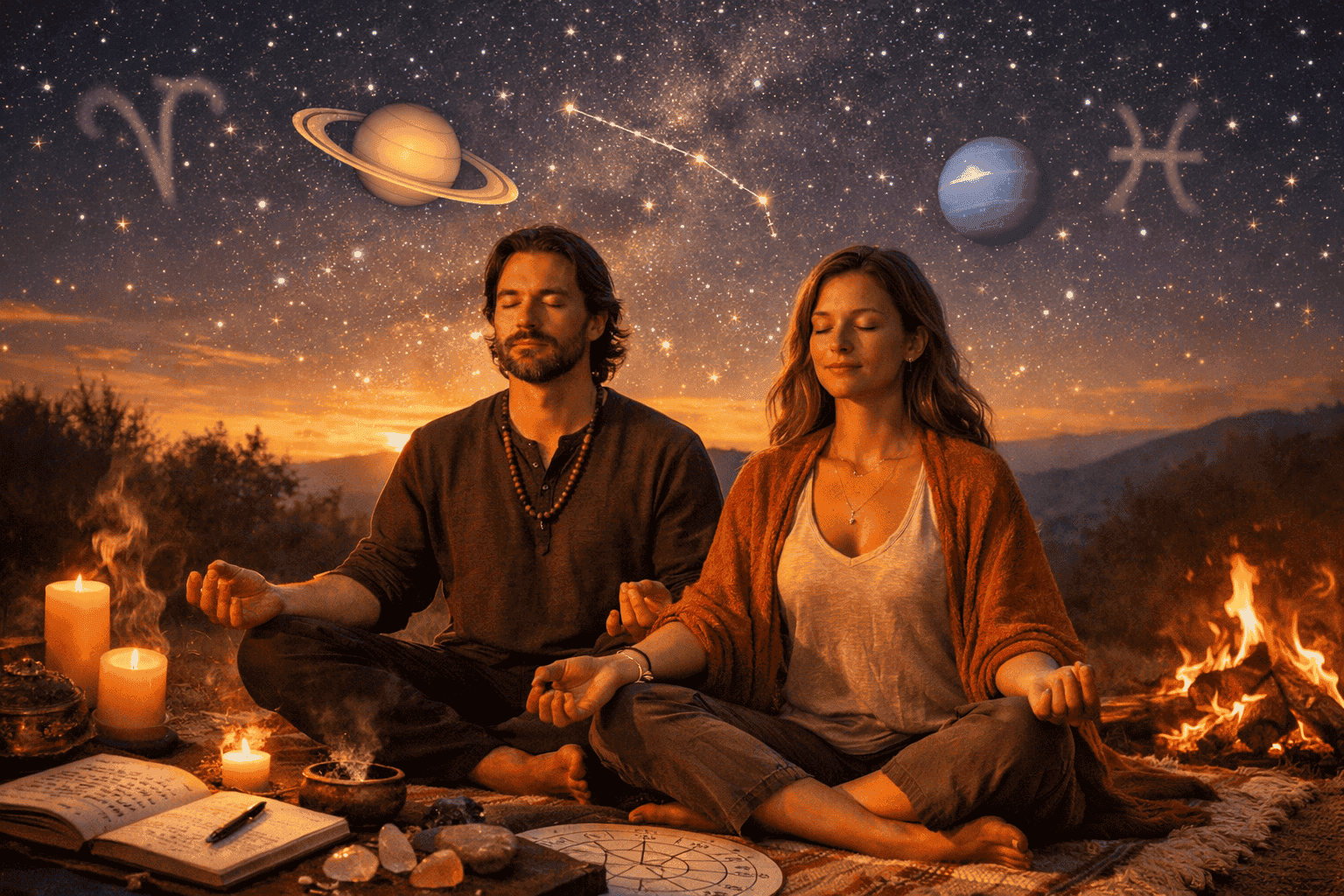 () action-oriented editorial scene showing a couple meditating together under a starry Aries sky with Saturn and Neptune