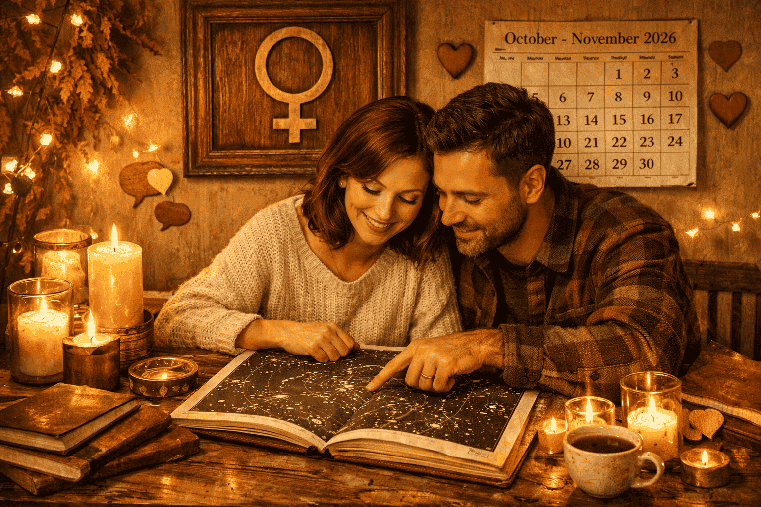 () action-oriented scene showing a couple sitting together at a cozy autumn table with journals, candles, and a star map