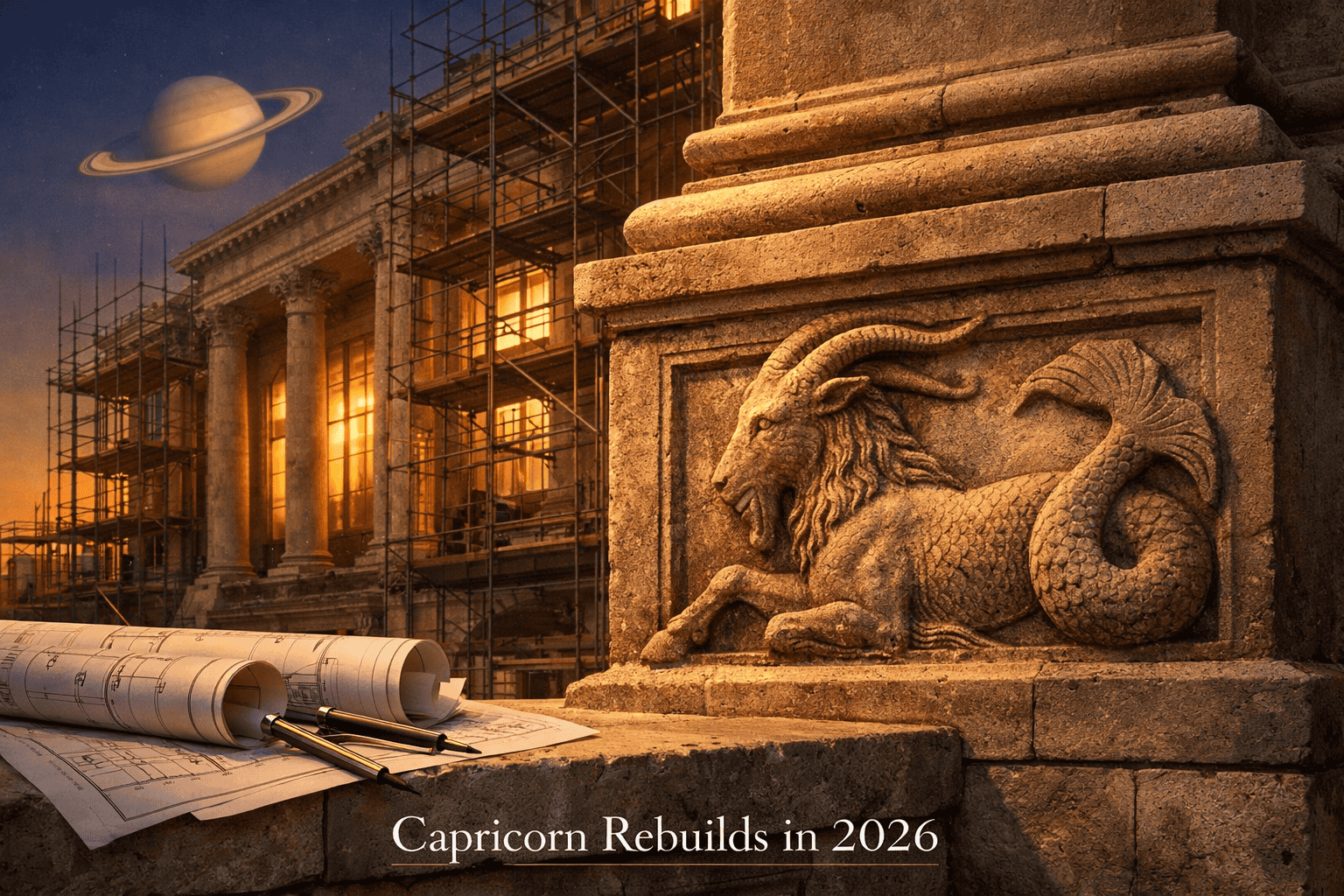 () architectural editorial image showing a Capricorn sea-goat symbol carved in stone at the base of a grand classical