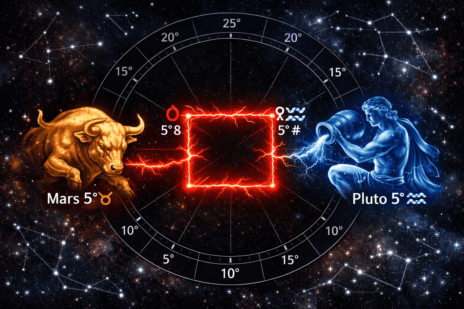 () astrological chart illustration showing Mars at 5 degrees Taurus and Pluto at 5 degrees Aquarius forming a precise