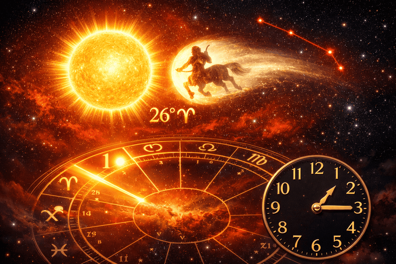 () astrological concept illustration showing the Sun and Chiron as two luminous celestial bodies at 26 degrees Aries,