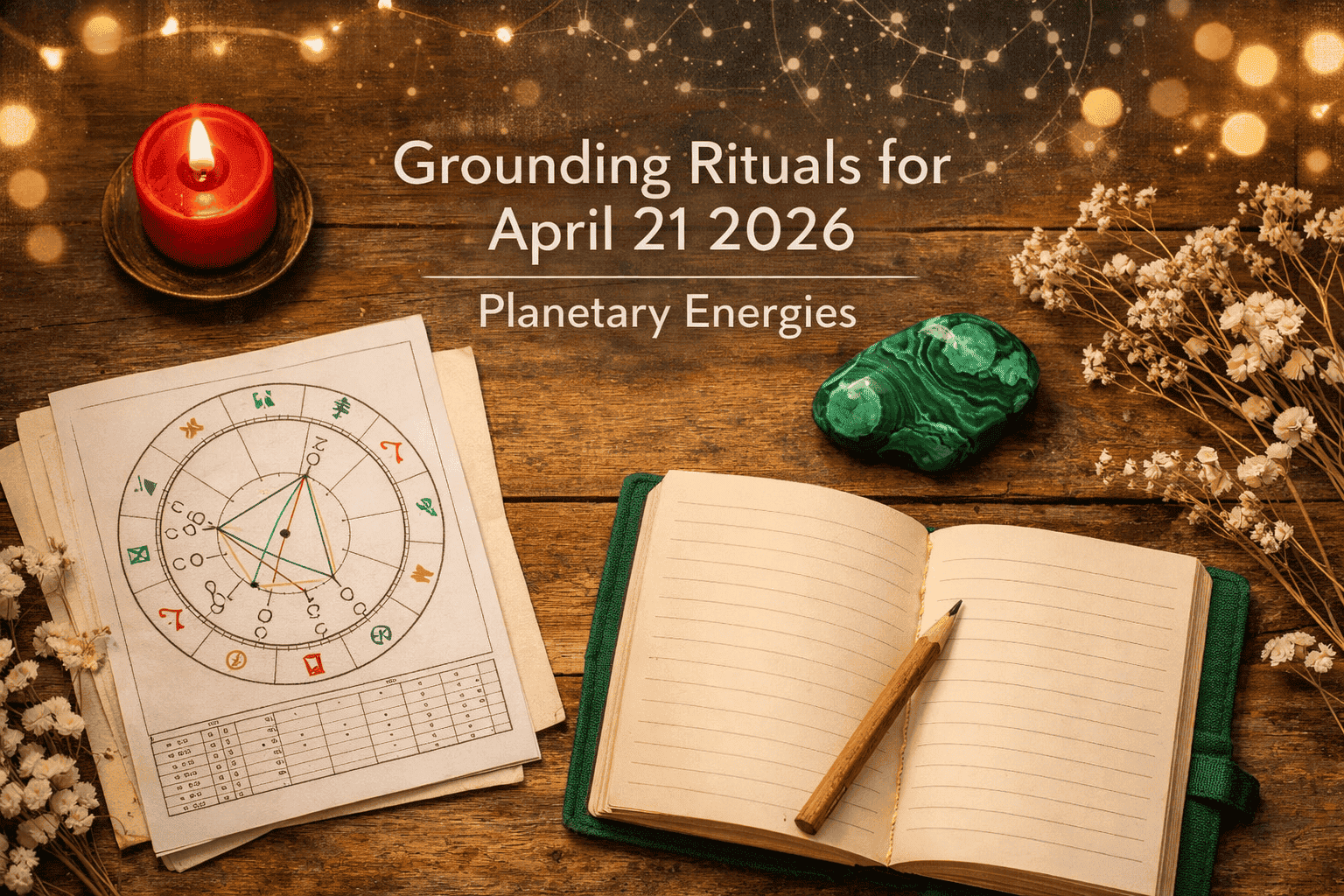 () beginner-friendly ritual scene: a wooden table with a green Taurus crystal (malachite), a small red candle for Mars