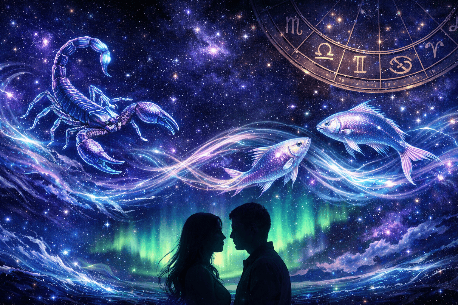 () celestial scene featuring Scorpio scorpion and Pisces fish swimming through a cosmic ocean of deep blue and violet