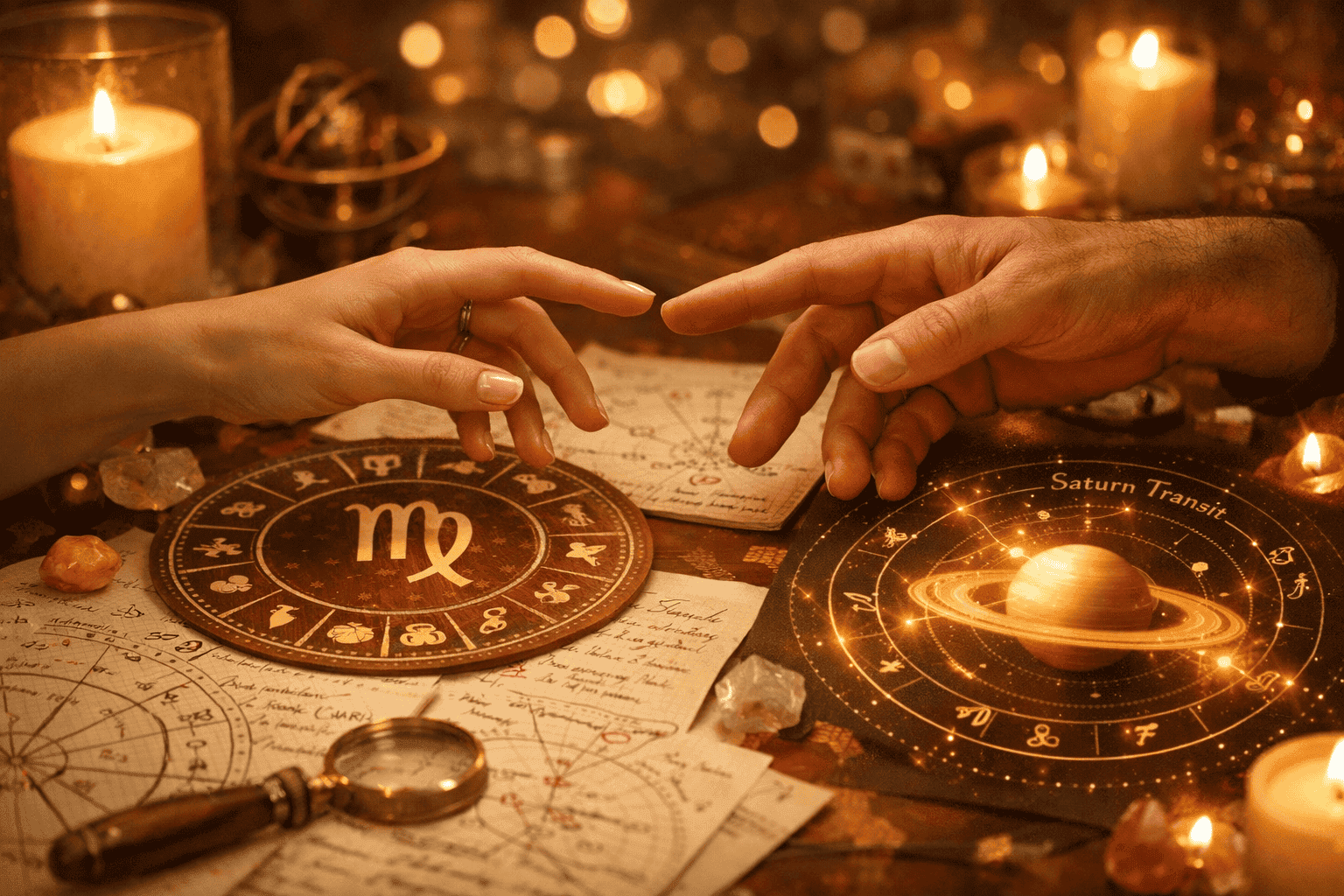 () close-up artistic scene of two hands reaching toward each other across a table scattered with astrological charts, a