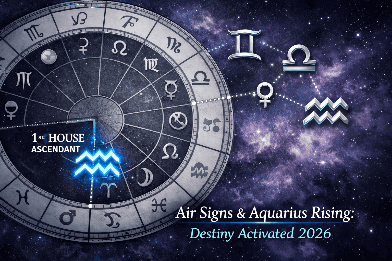 () close-up astrological birth chart wheel highlighting the first house and rising sign position, with Aquarius glyph