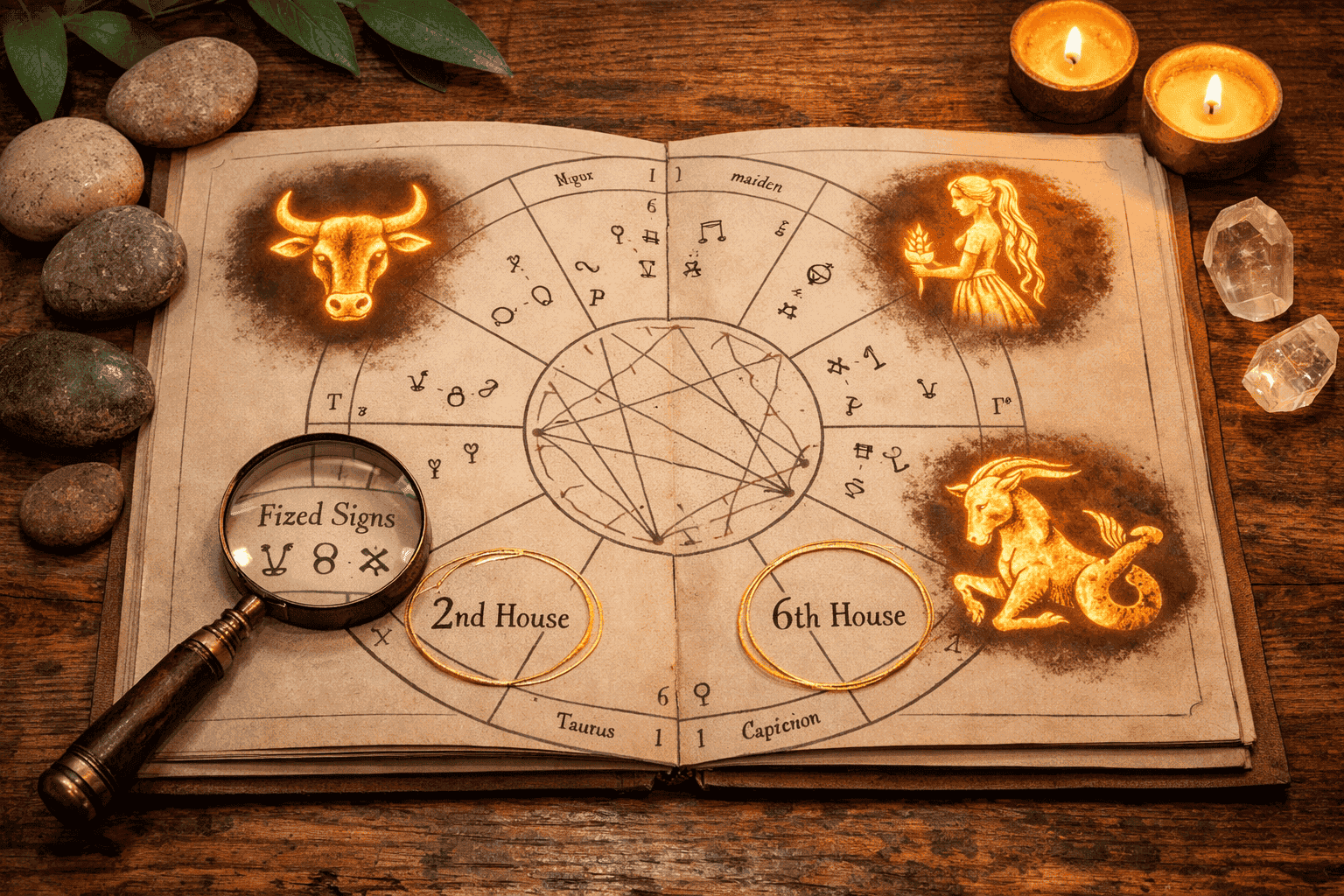 () close-up bird's-eye view of an open natal birth chart spread on a wooden table, with the second and sixth houses circled