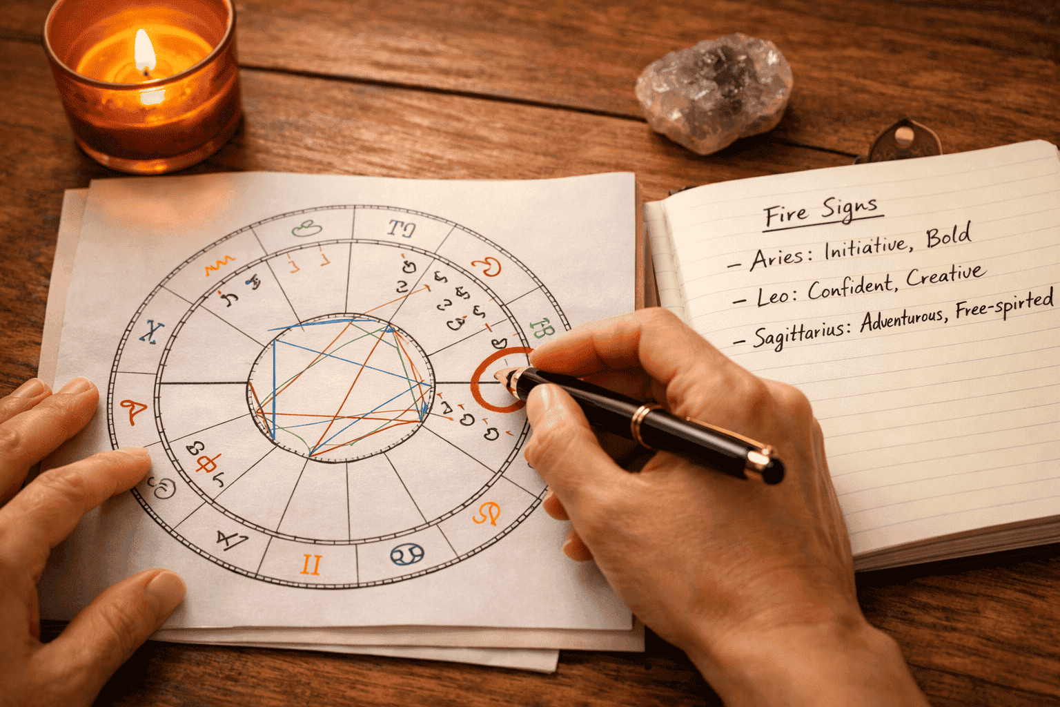 () close-up bird's-eye view of an open natal chart printout on a wooden desk with a person's hands holding a pen circling