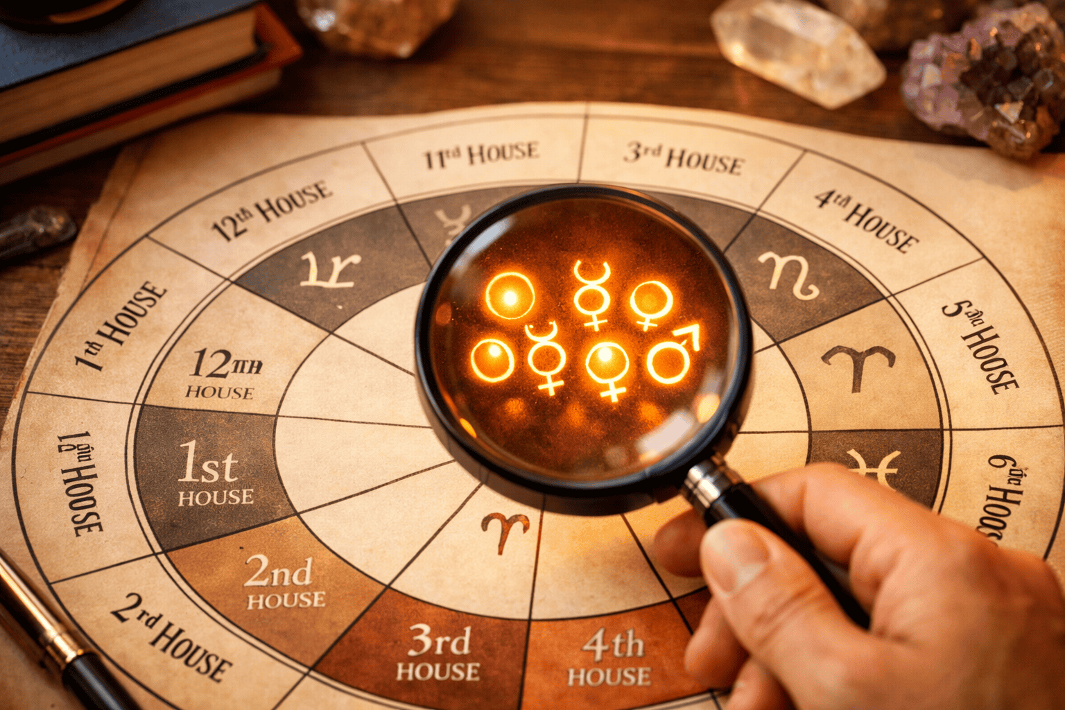 () close-up bird's-eye view of an open natal chart wheel spread flat on a wooden desk, twelve houses clearly labeled, a hand