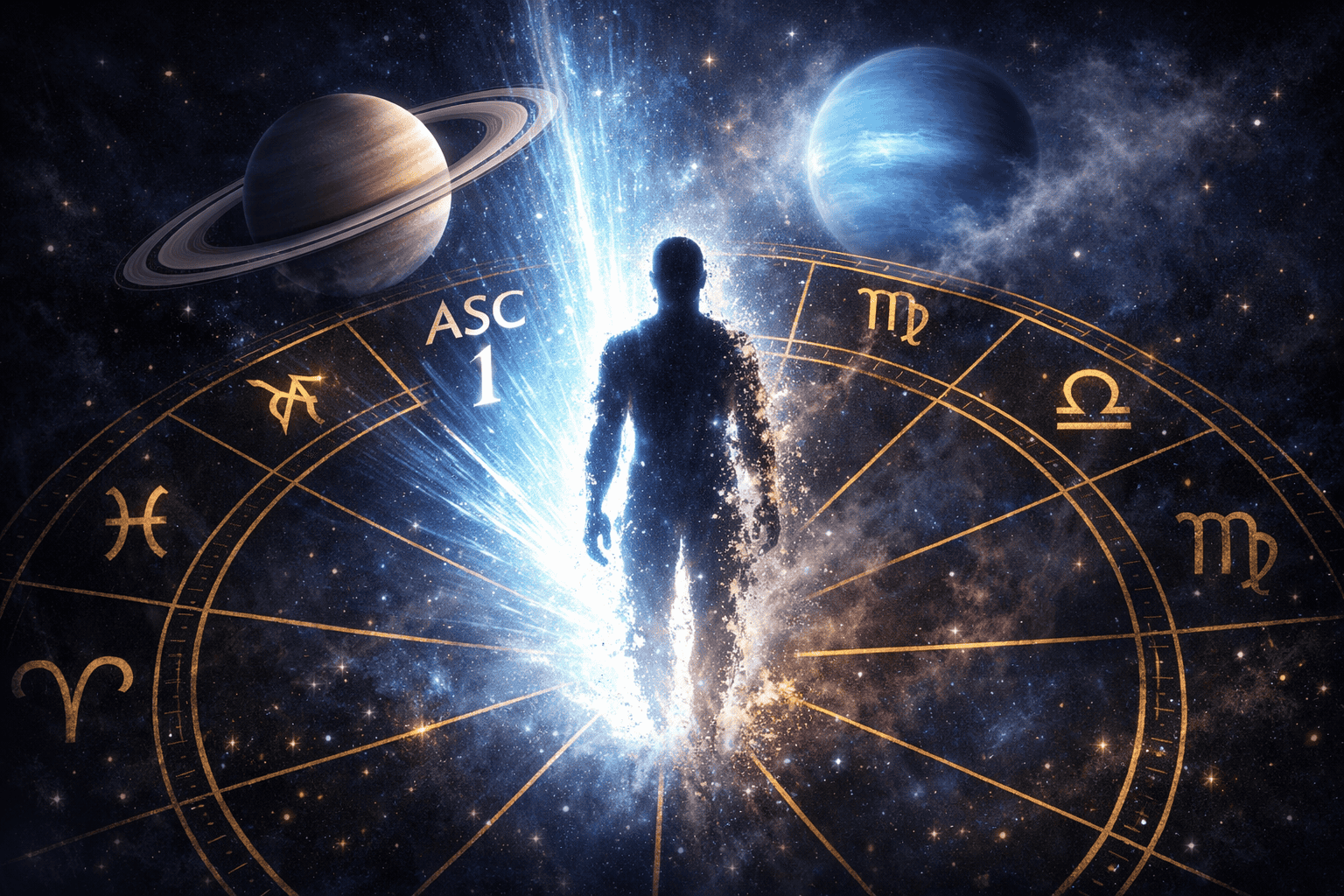 () close-up conceptual illustration of a human silhouette standing at the center of a glowing astrological birth chart