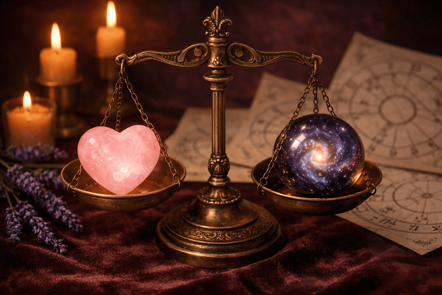 () close-up conceptual image of a vintage brass balance scale on a dark velvet surface, one side holding a glowing rose