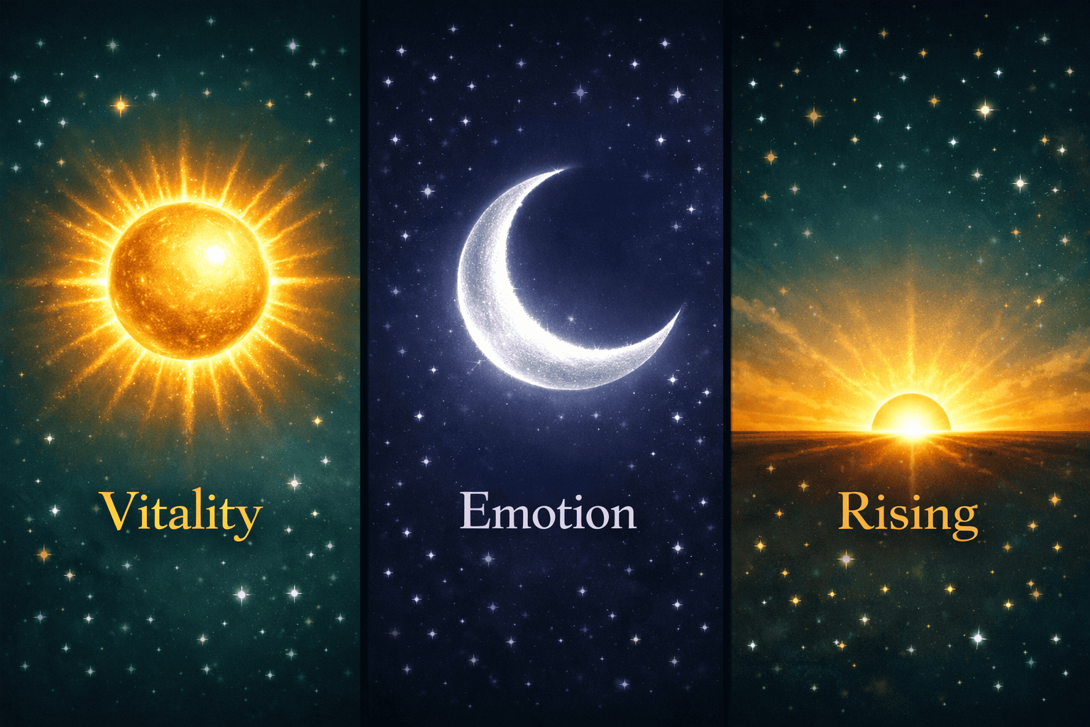 () close-up conceptual image showing three glowing celestial symbols side by side: a radiant golden Sun disc, a silver