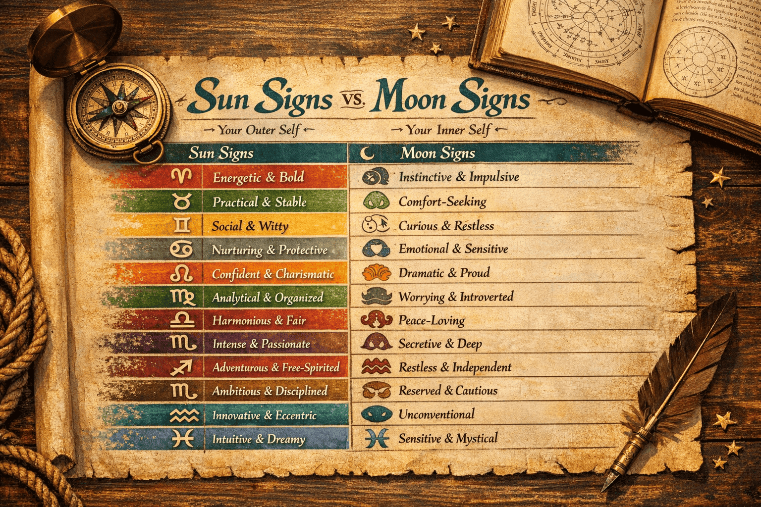 () close-up flat-lay infographic showing a comparison table between Sun signs and Moon signs on aged parchment-style paper,