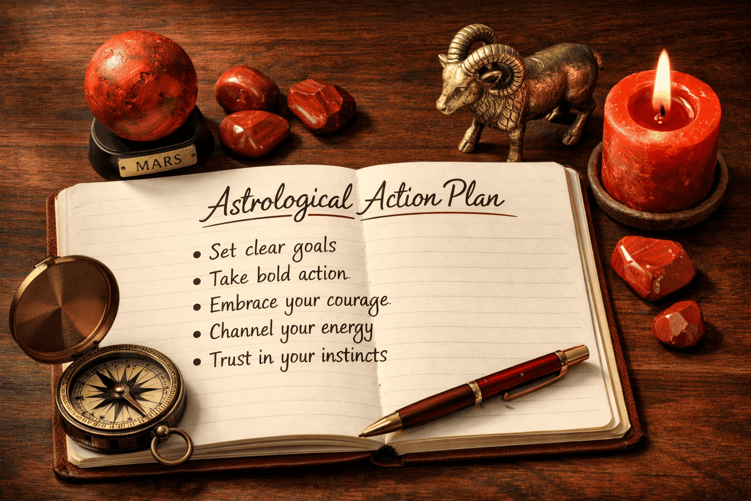 () close-up flat-lay style image of an astrology journal open to a handwritten action plan page, surrounded by symbolic