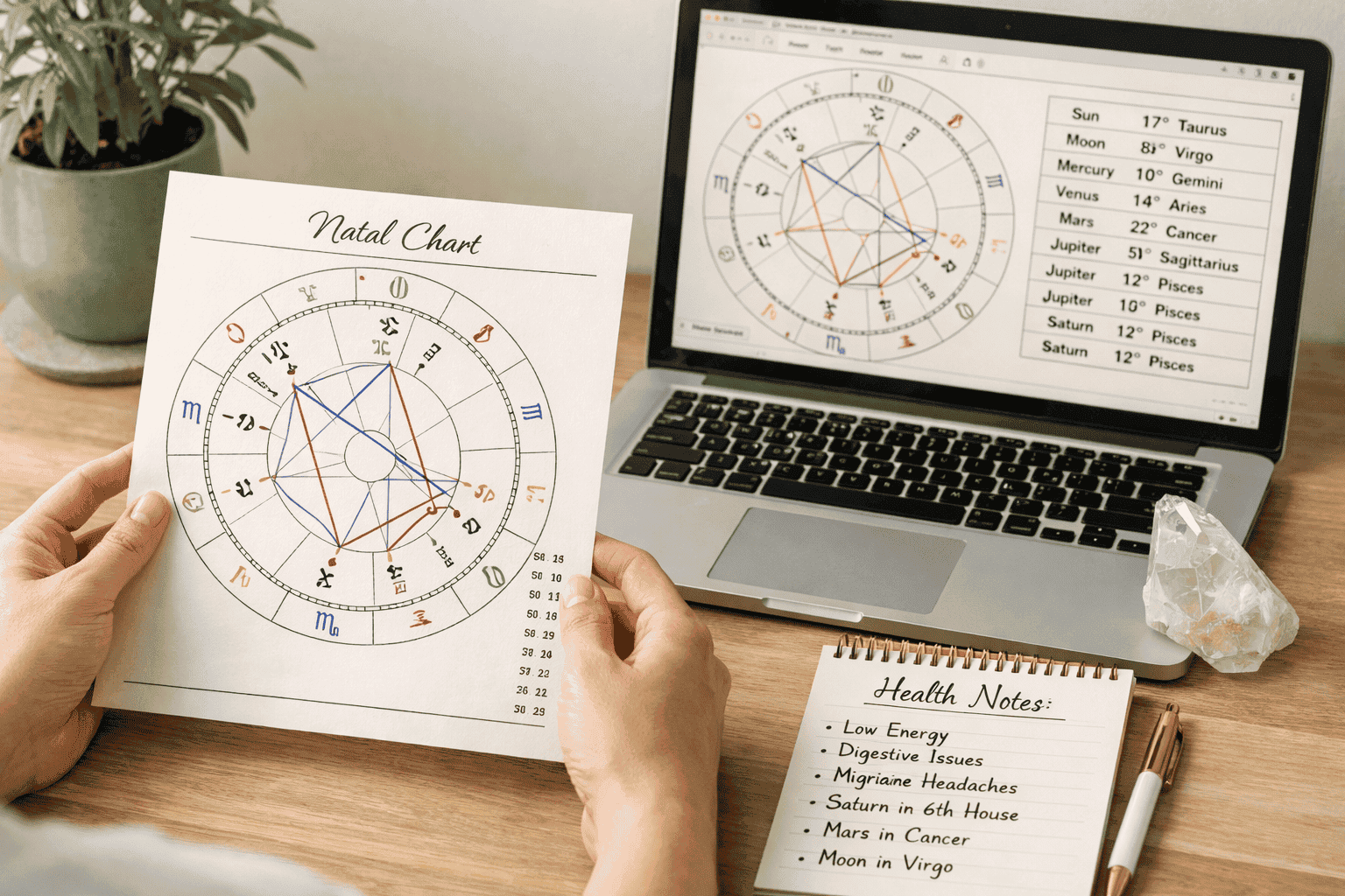 () close-up of a person's hands holding a printed birth chart next to a laptop showing an astrology software interface, with