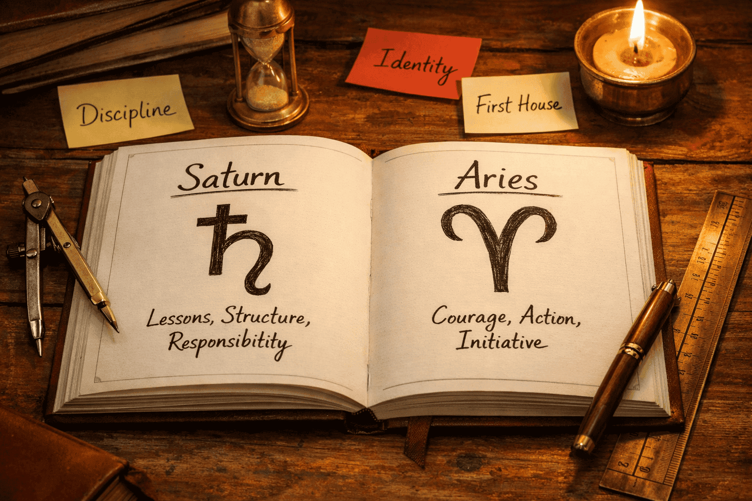 () close-up of an open beginner natal chart workbook on a wooden desk, with Saturn and Aries glyphs hand-drawn in ink, a