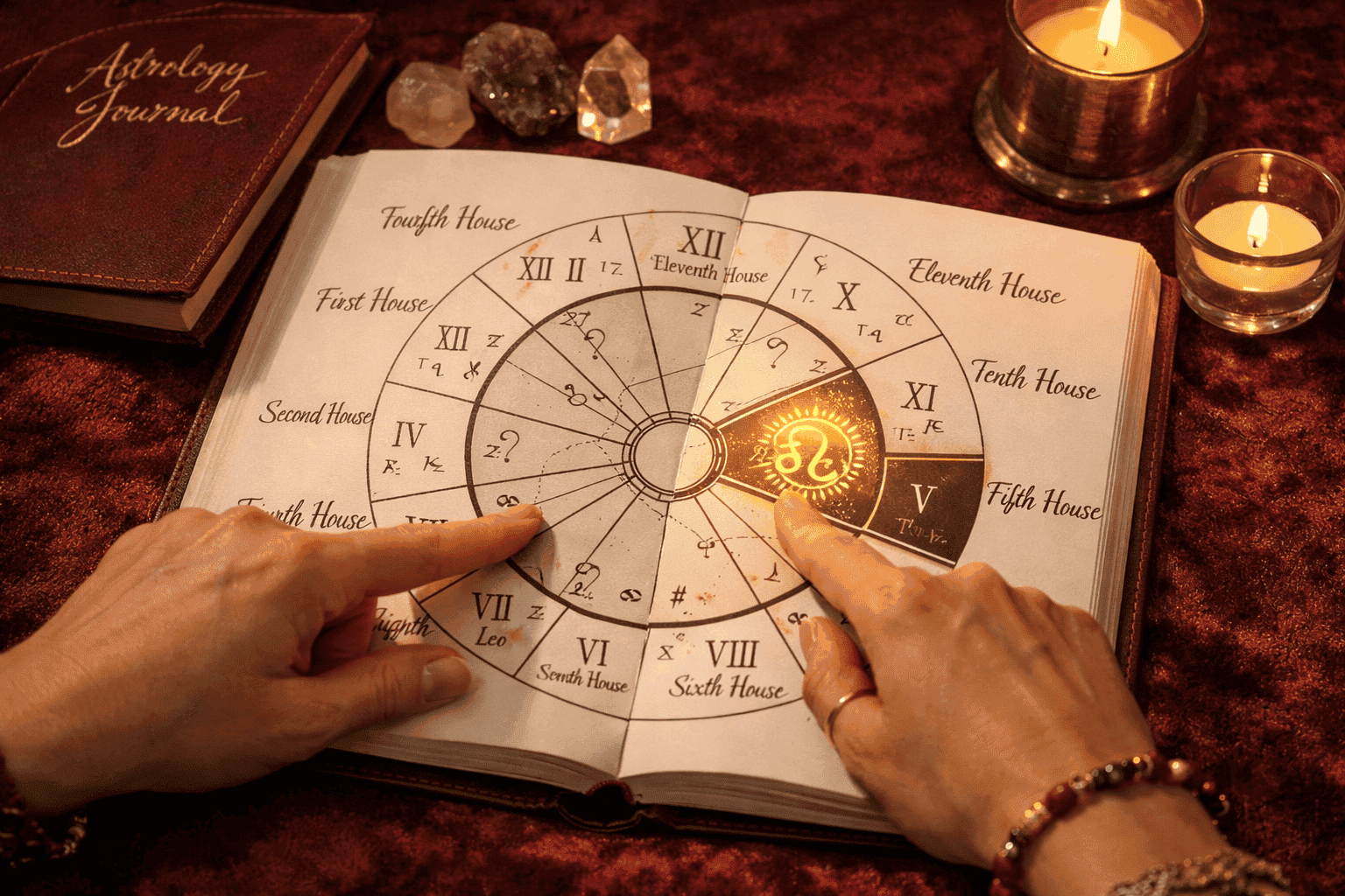 () close-up of an open natal birth chart wheel with Leo sun placement highlighted in gold, surrounding houses labeled, a