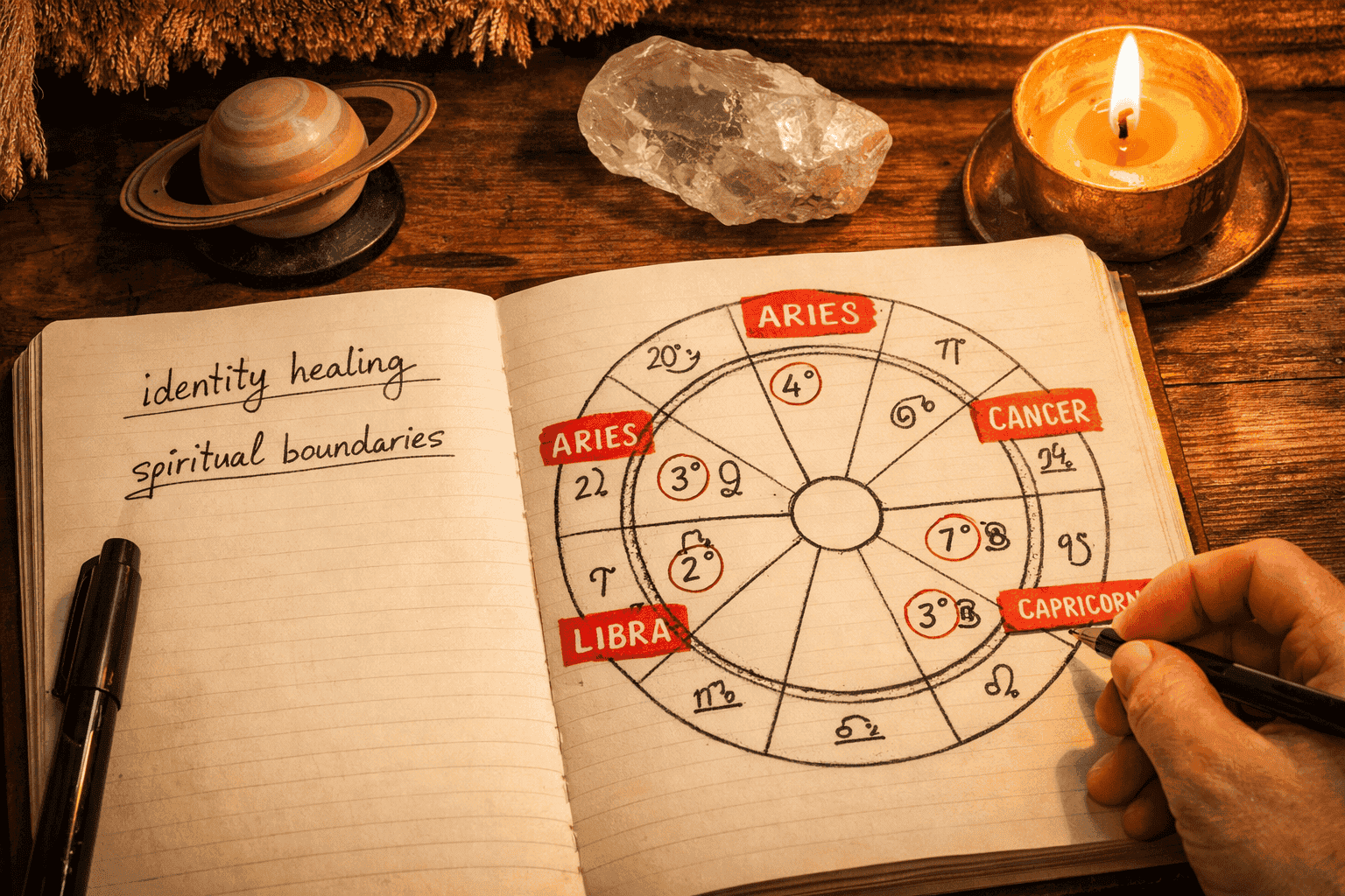 () close-up overhead view of a handwritten astrology journal open on a wooden desk, showing a hand-drawn birth chart with