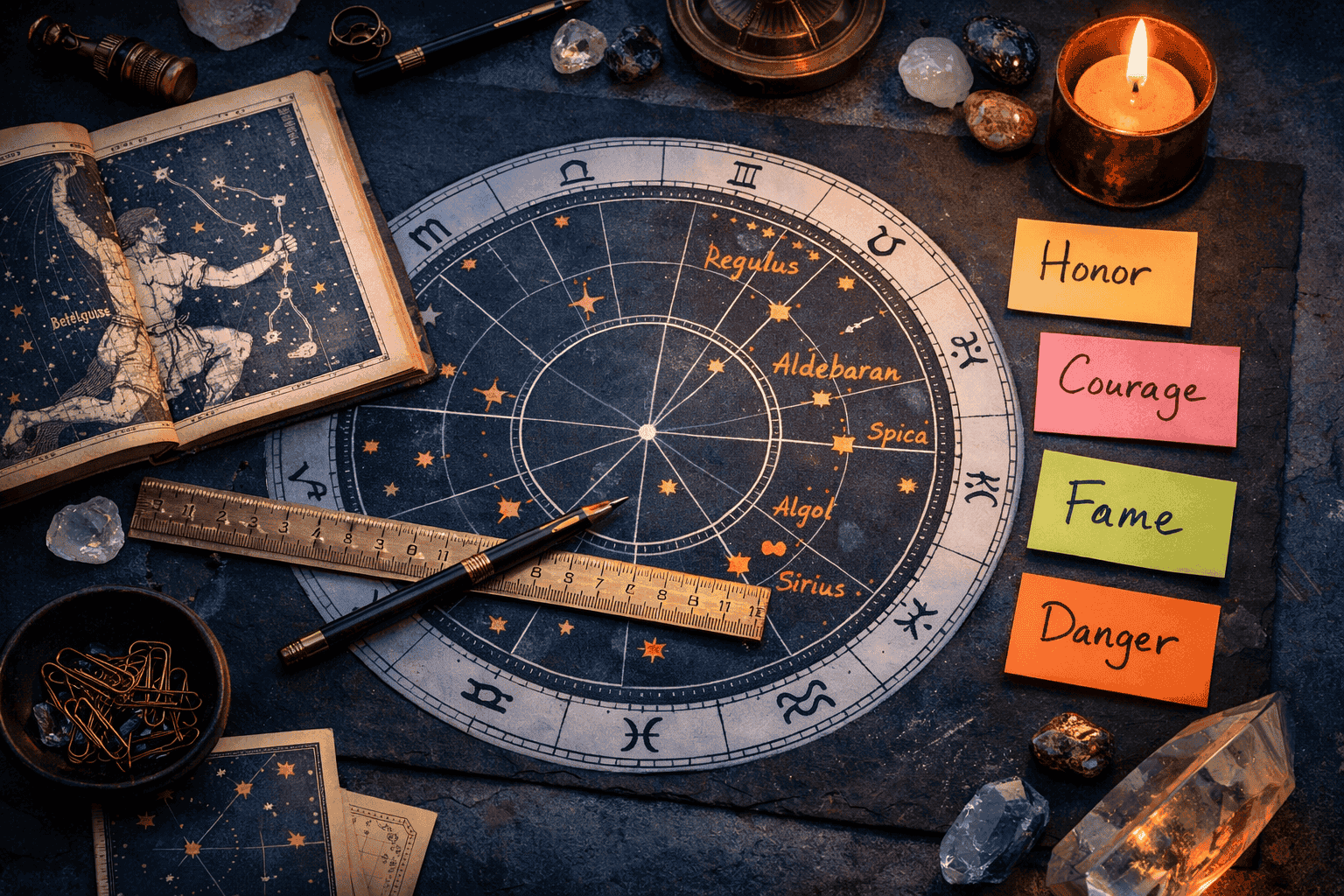 () close-up overhead view of an astrologer's workspace: a large printed natal chart wheel spread on a dark slate surface