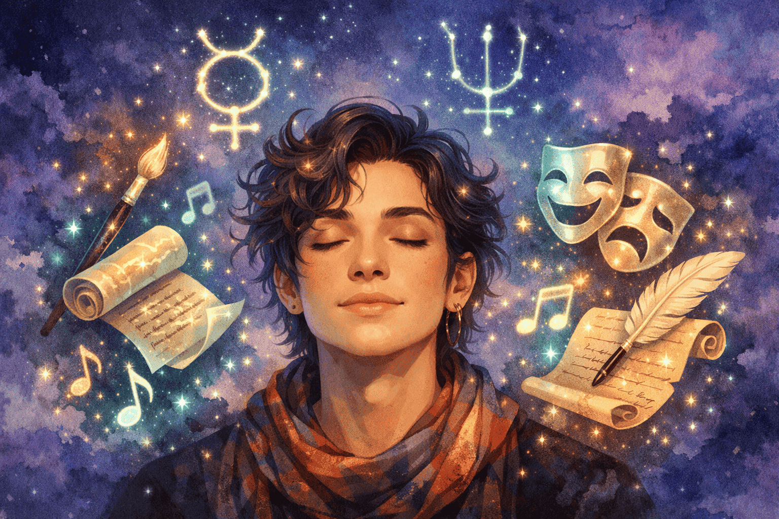 () close-up portrait-style illustration of a creative person with eyes closed in inspiration, surrounded by floating