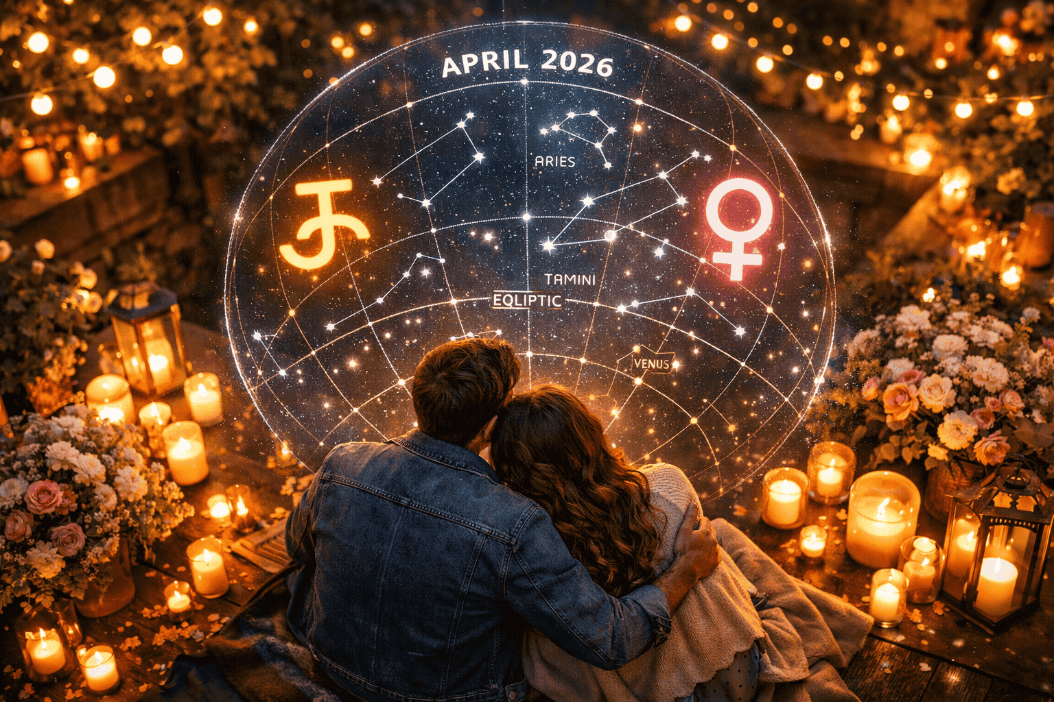 () close-up scene of a couple sitting on a moonlit rooftop garden surrounded by candles and flowers, overhead view showing a