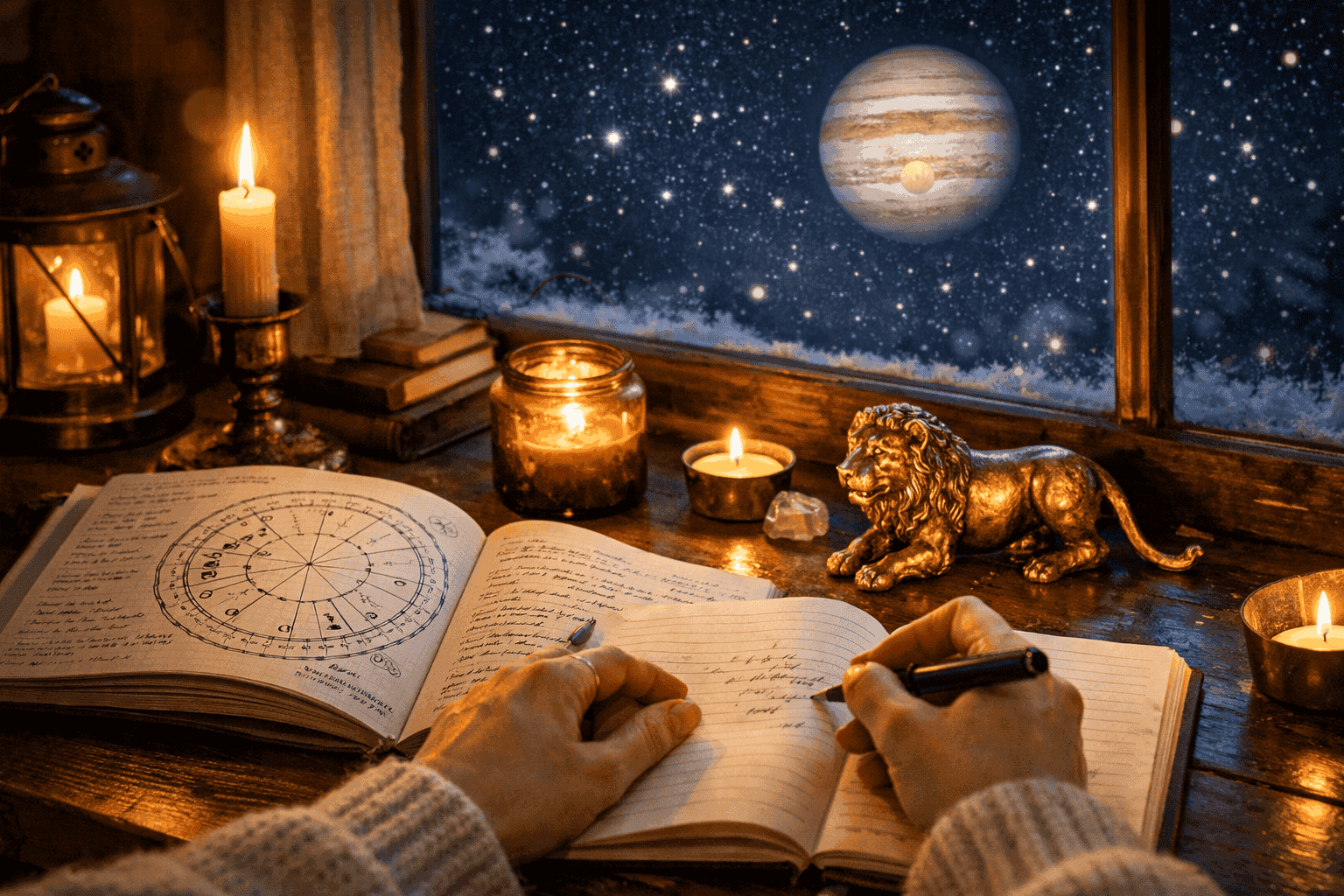 () close-up scene of a person journaling at a candlelit desk under a window showing a starry December night sky with Jupiter