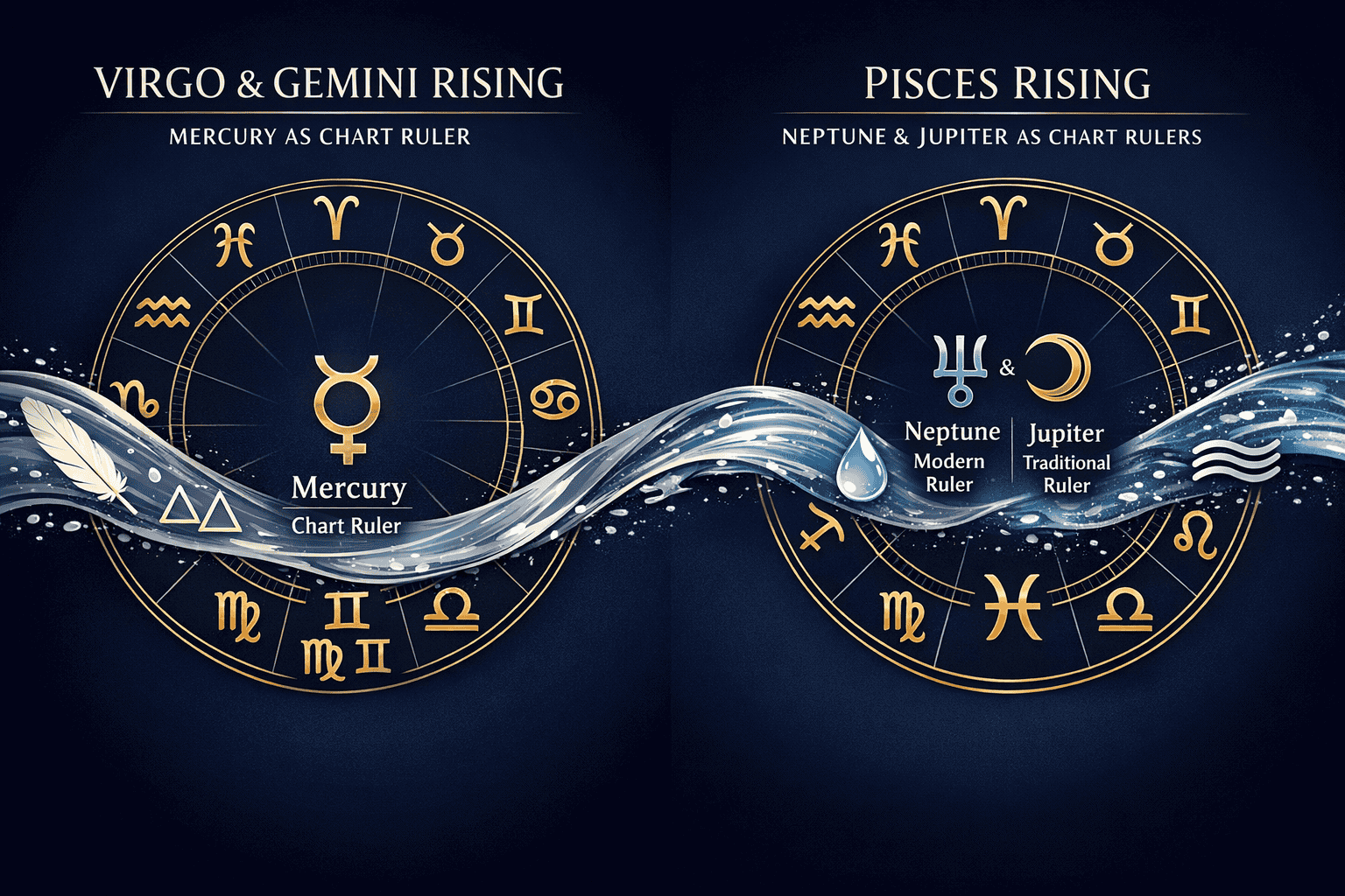 () comparison infographic showing a split-scene: left side features a Virgo and Gemini rising chart with Mercury highlighted