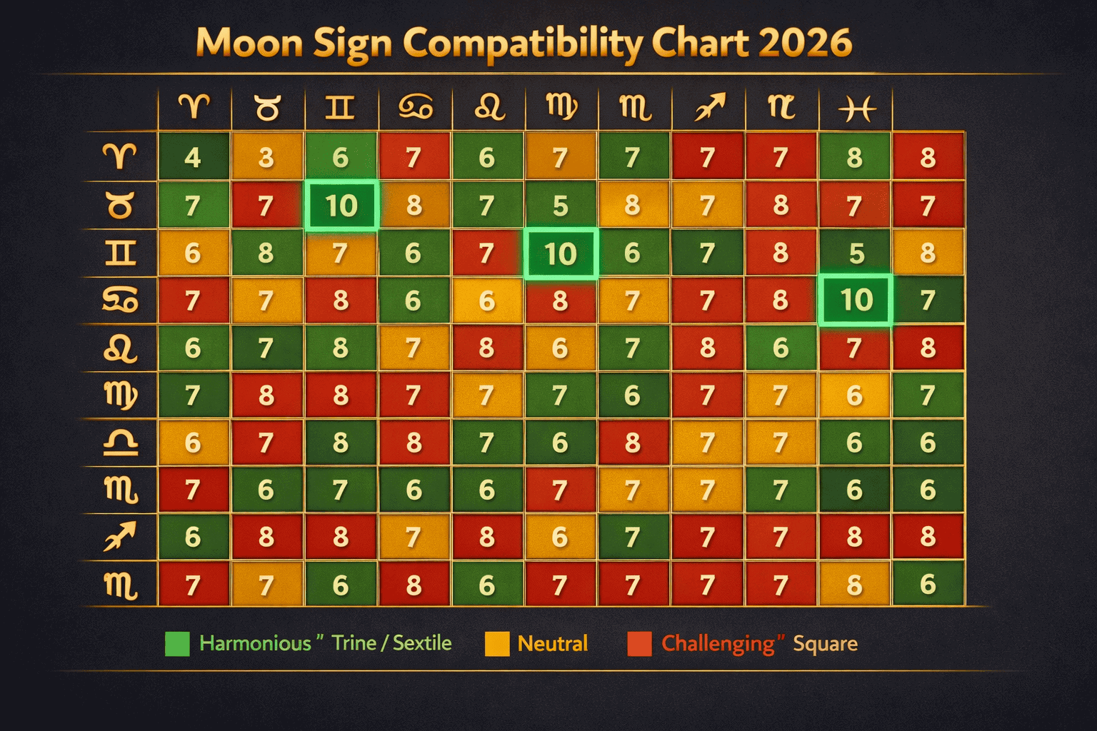 () compatibility matrix infographic style image: a glowing 12x12 zodiac grid with color-coded compatibility scores — green