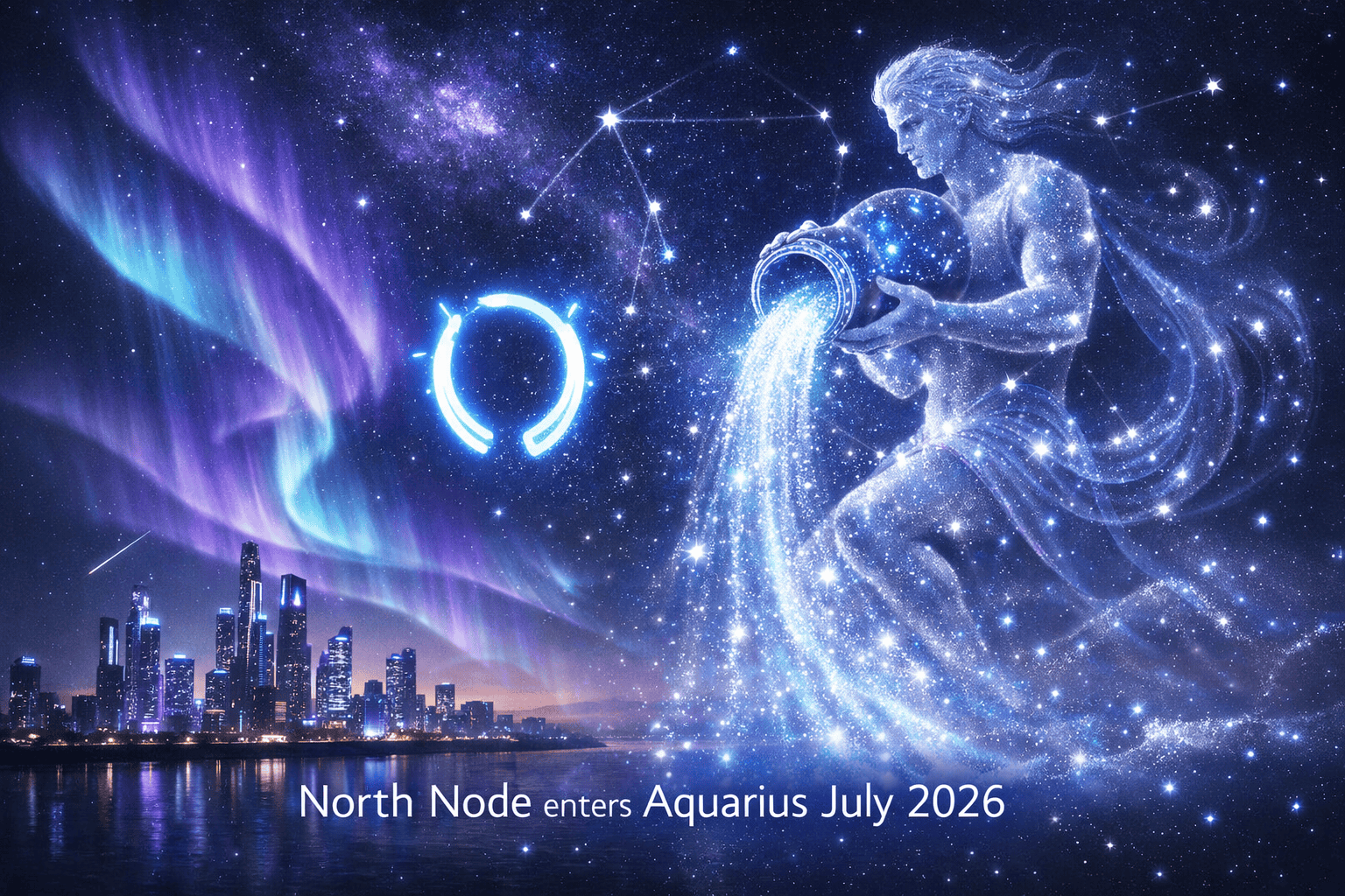 () concept illustration depicting the Aquarius water-bearer constellation as a luminous figure pouring starlight from a