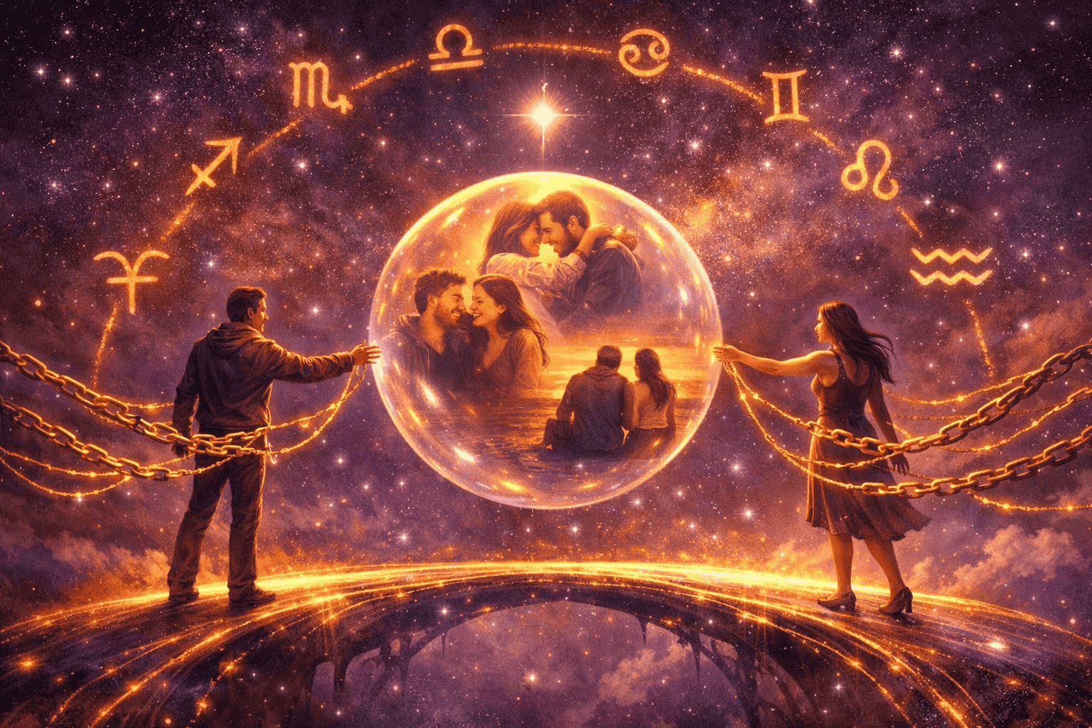 () concept illustration depicting two people standing at opposite ends of a glowing cosmic bridge, one reaching toward the