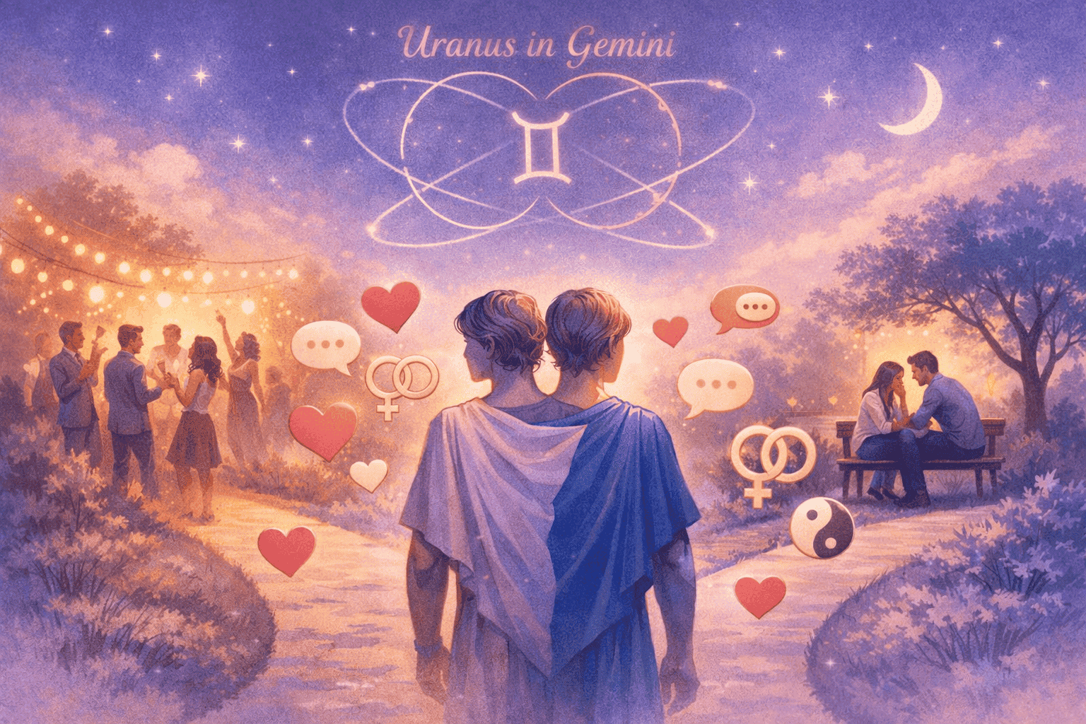 () concept illustration of a Gemini figure standing at a crossroads of relationships — one path leads to a lively social