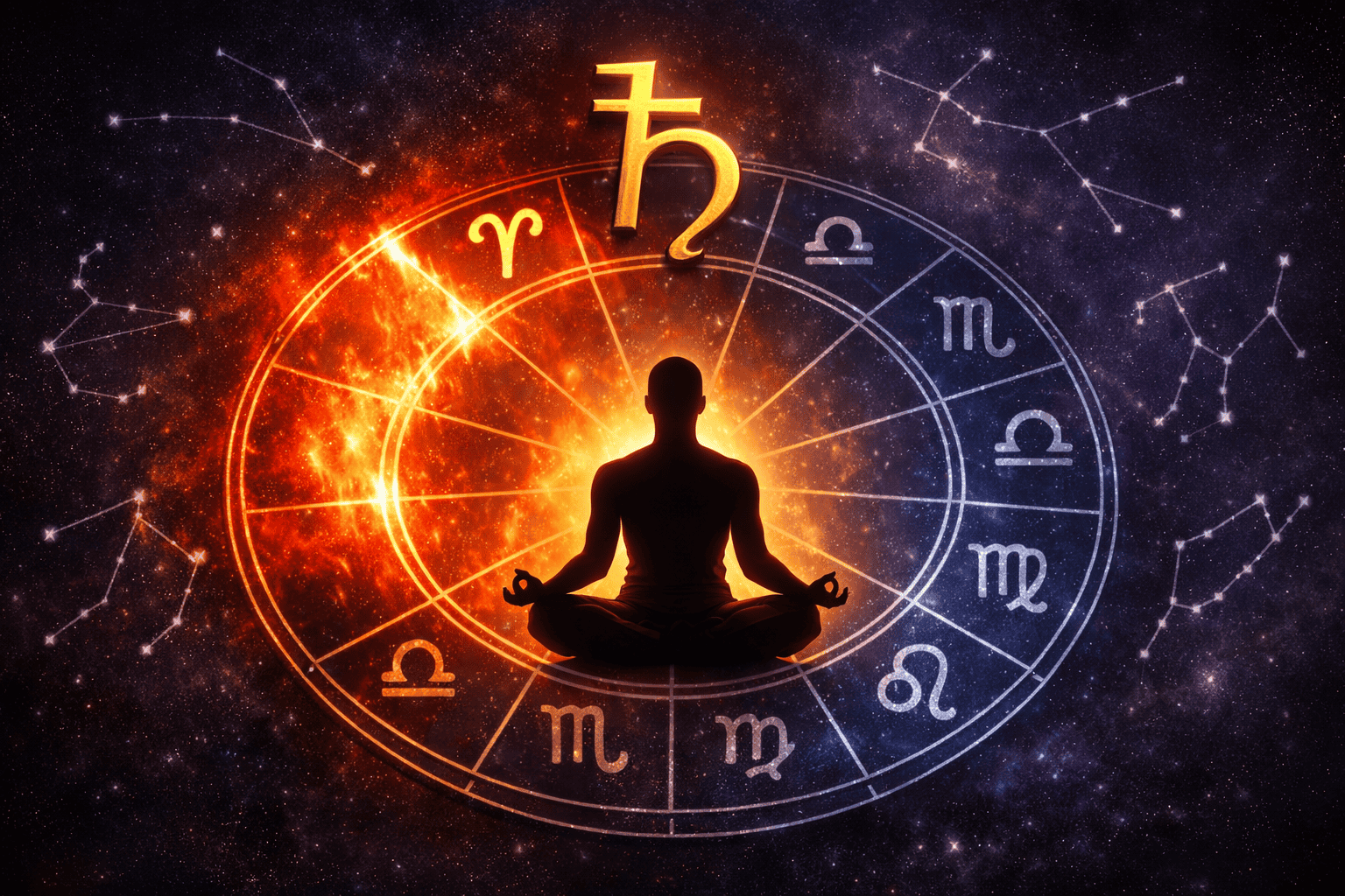 () concept illustration of a glowing natal chart wheel divided into 12 houses, with the Aries section (houses 1-3 area)