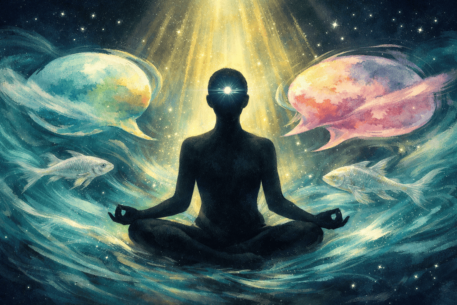 () concept illustration of a human silhouette in meditation pose with a glowing third eye, surrounded by swirling teal water