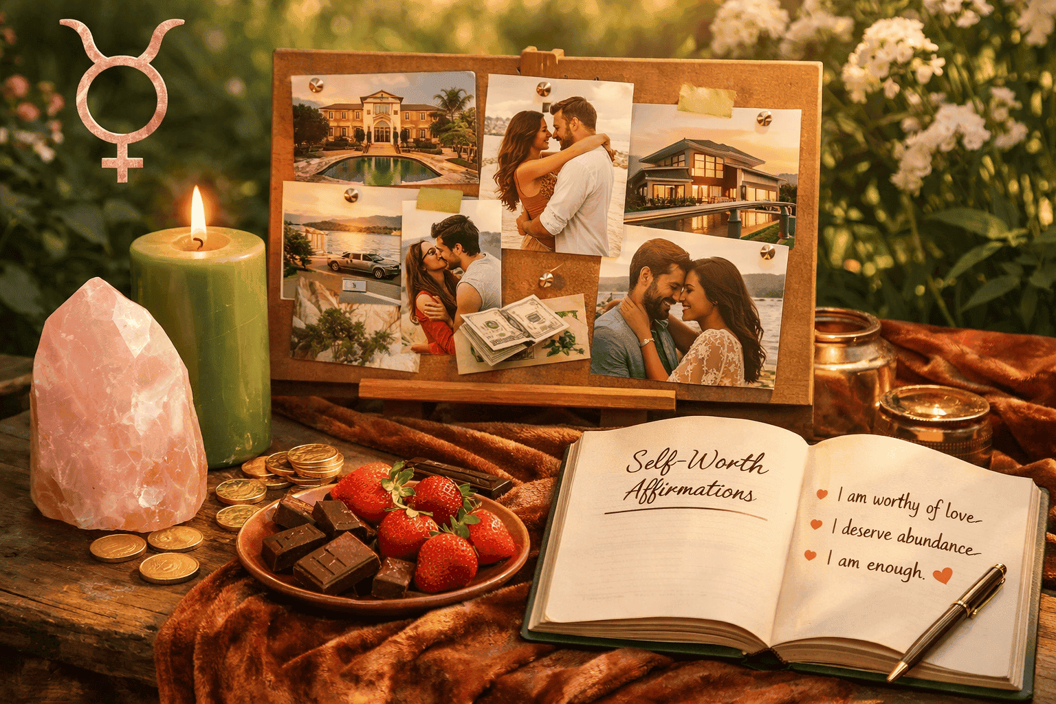 () concept illustration of a lush garden altar scene for manifestation rituals: a polished rose quartz crystal beside a