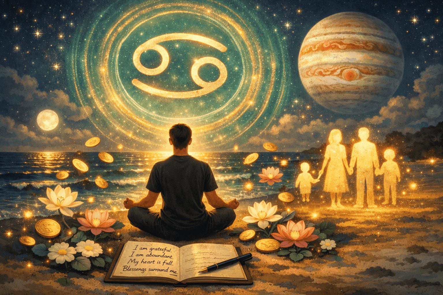() concept illustration of a person sitting cross-legged in meditation on a moonlit beach, surrounded by floating golden