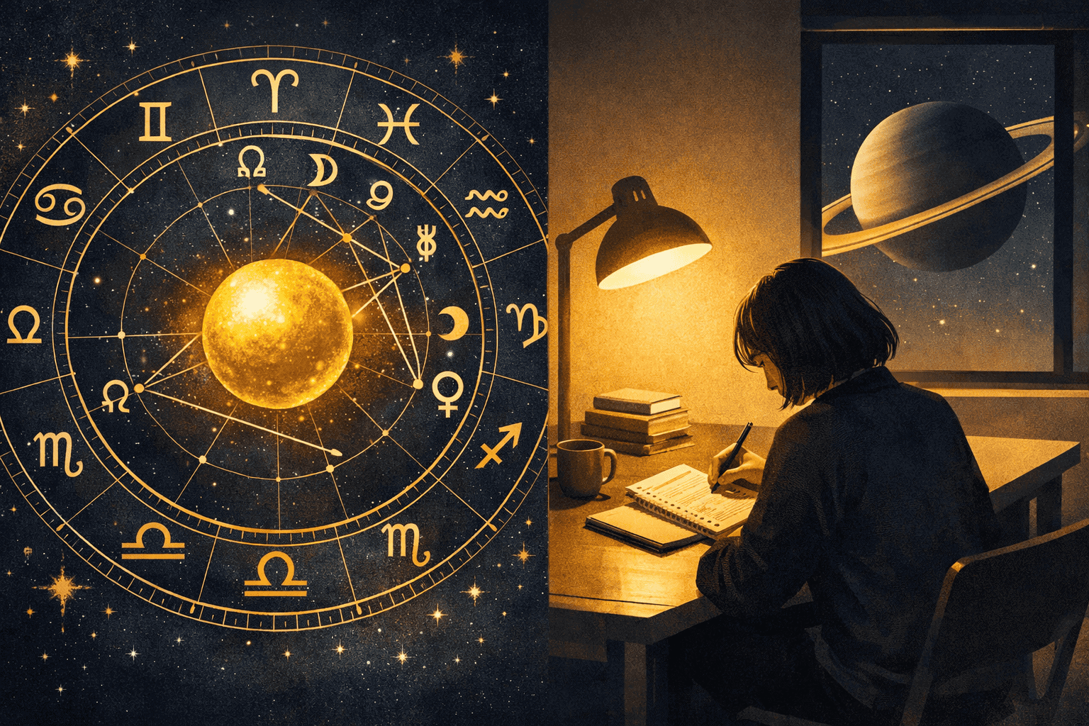 () concept illustration of a split-scene: left side shows a detailed natal chart wheel with the chart ruler planet