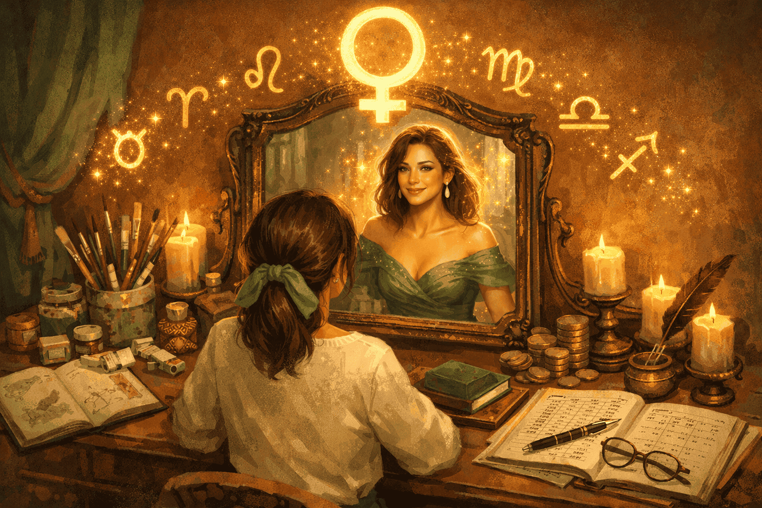 () concept illustration of a woman sitting at a vintage vanity mirror surrounded by artistic tools: paintbrushes, a journal,