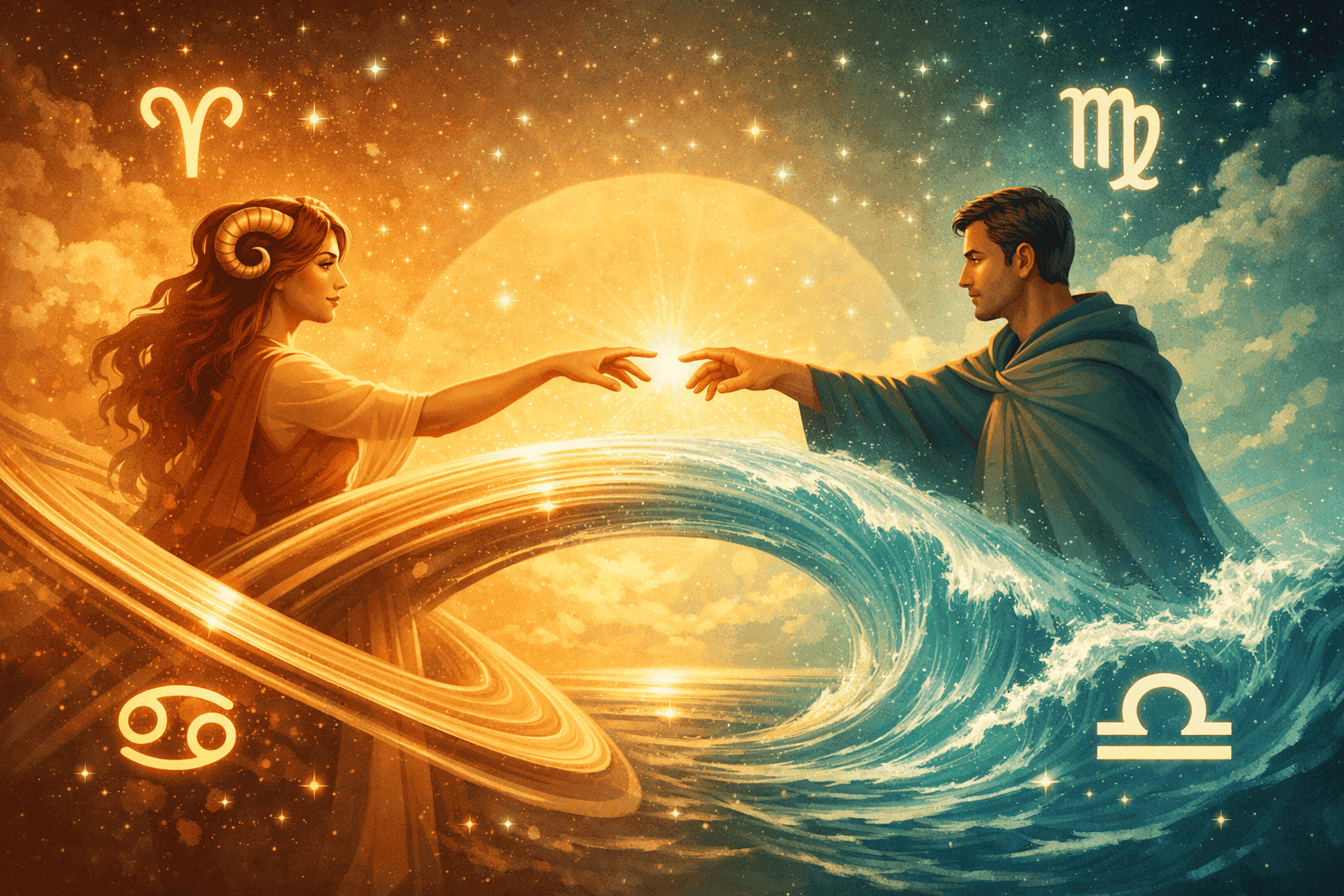 () concept illustration of two figures from different zodiac signs facing each other across a glowing bridge made of