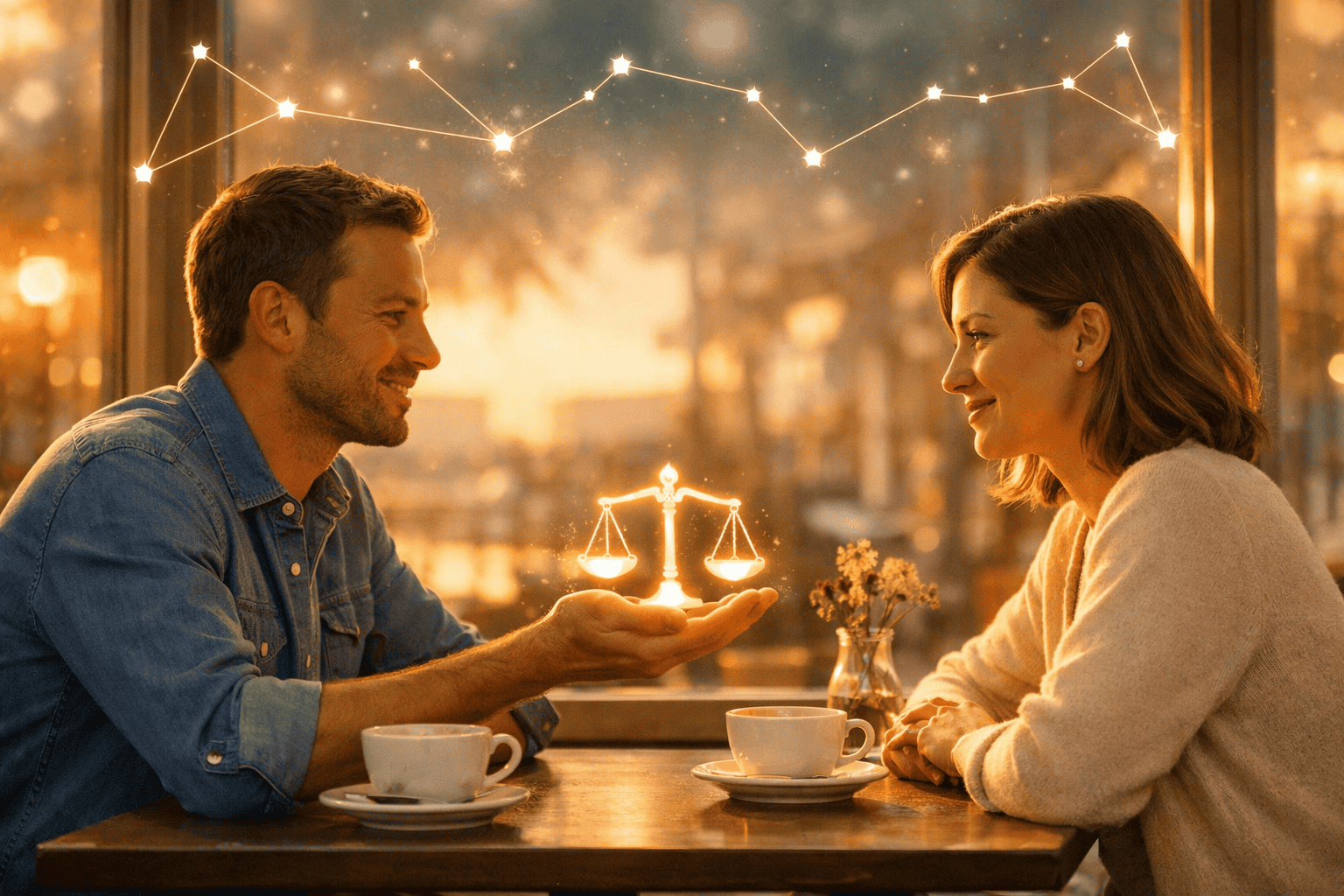 () concept illustration of two people sitting across from each other at a café table in warm golden-hour light, engaged in