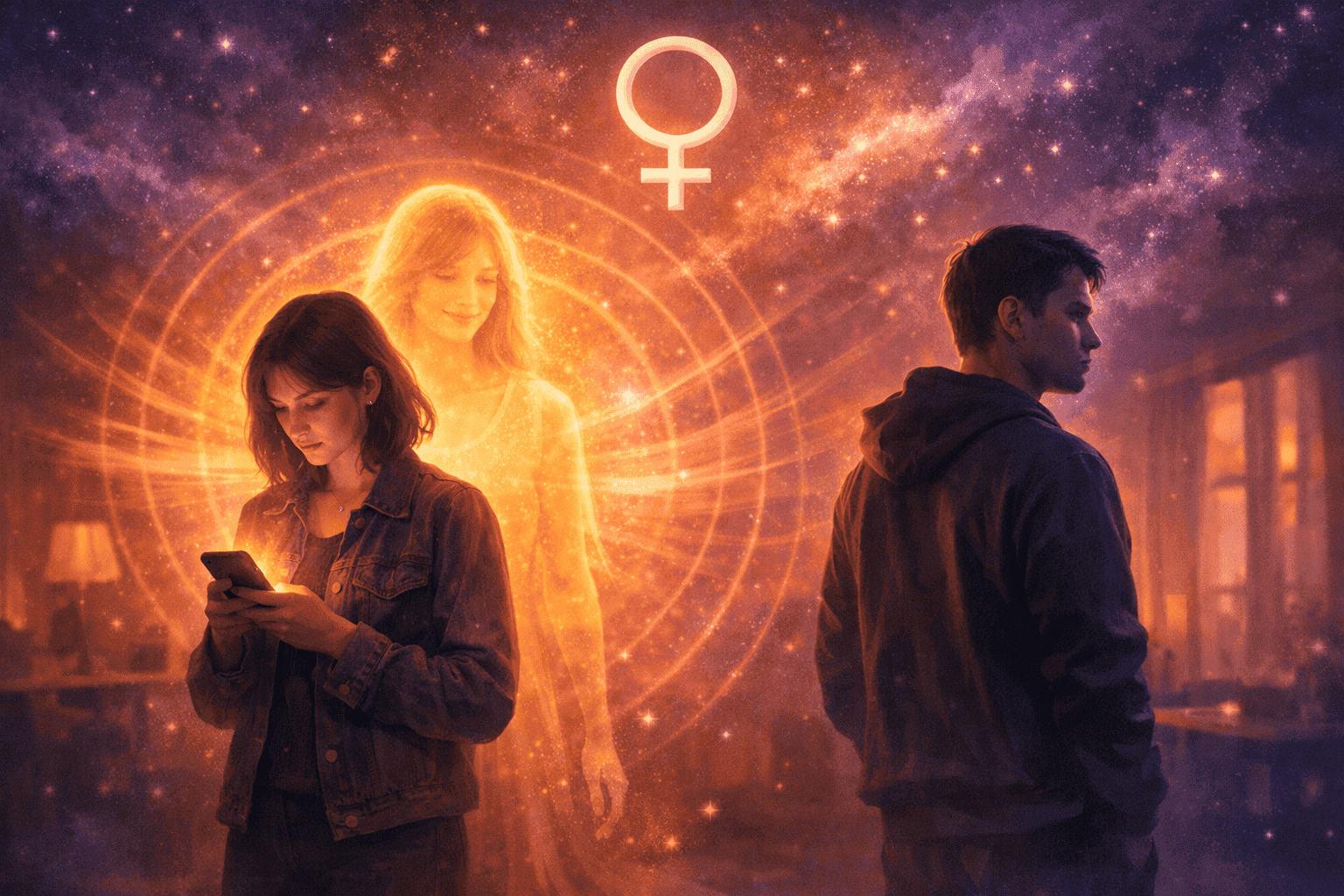 () concept illustration of two people standing apart in a softly lit room, one receiving a glowing phone notification with a