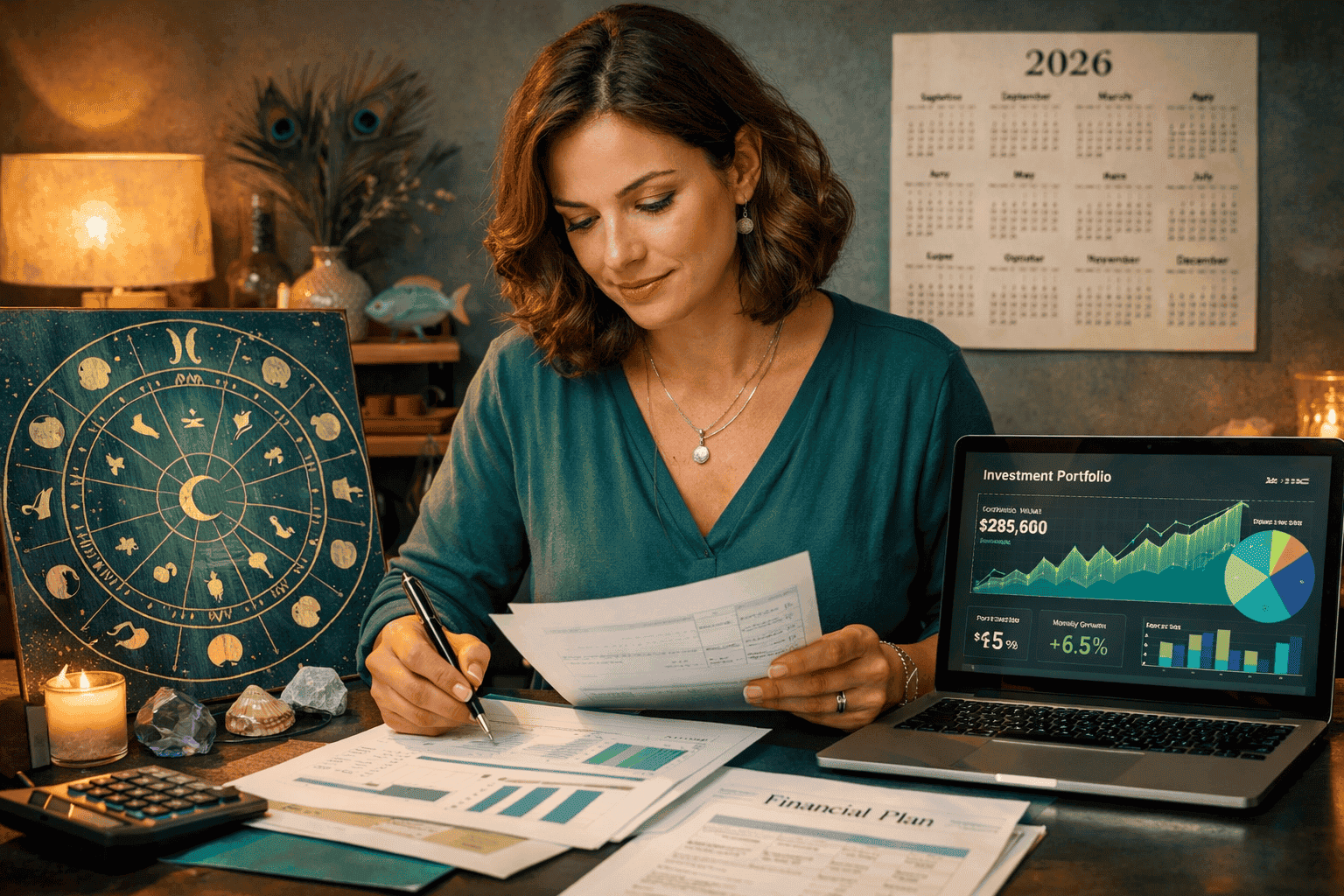 () concept image of a Pisces native at a modern desk reviewing a financial plan with an astrological birth chart beside a
