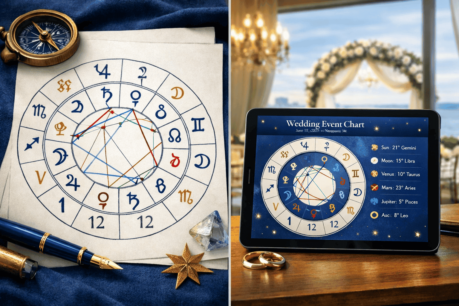 () concept image showing a split-scene composition: left side displays a traditional paper natal chart with planetary glyphs