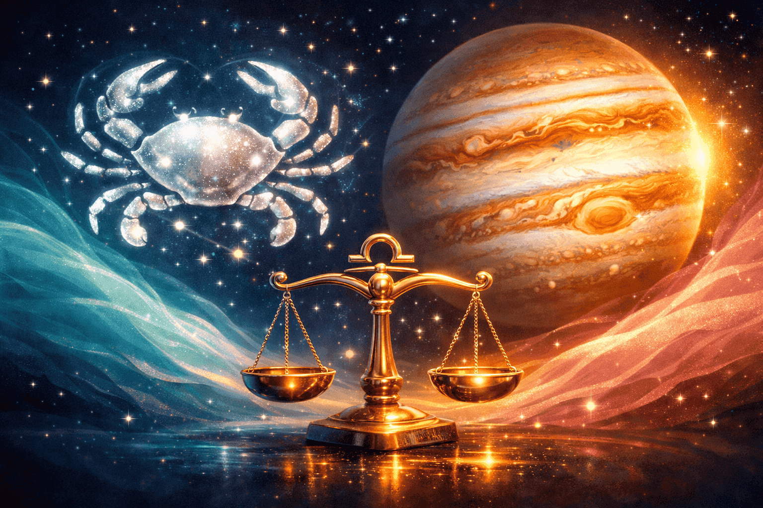 () conceptual illustration of Jupiter as a large luminous planet in warm amber and ocean blue tones entering the Cancer