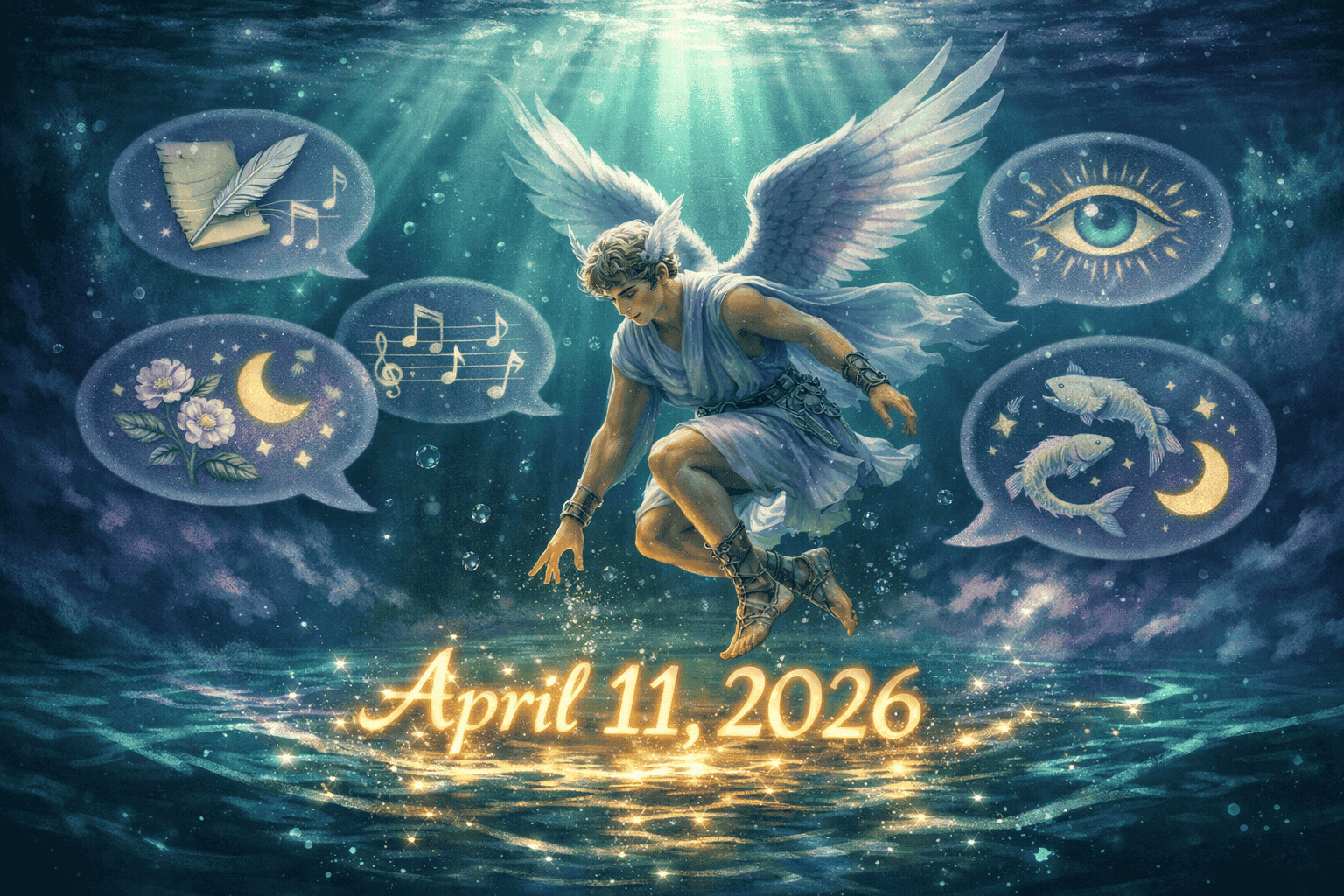 () conceptual illustration of Mercury as a winged messenger figure descending into Pisces waters on April 11, 2026, depicted