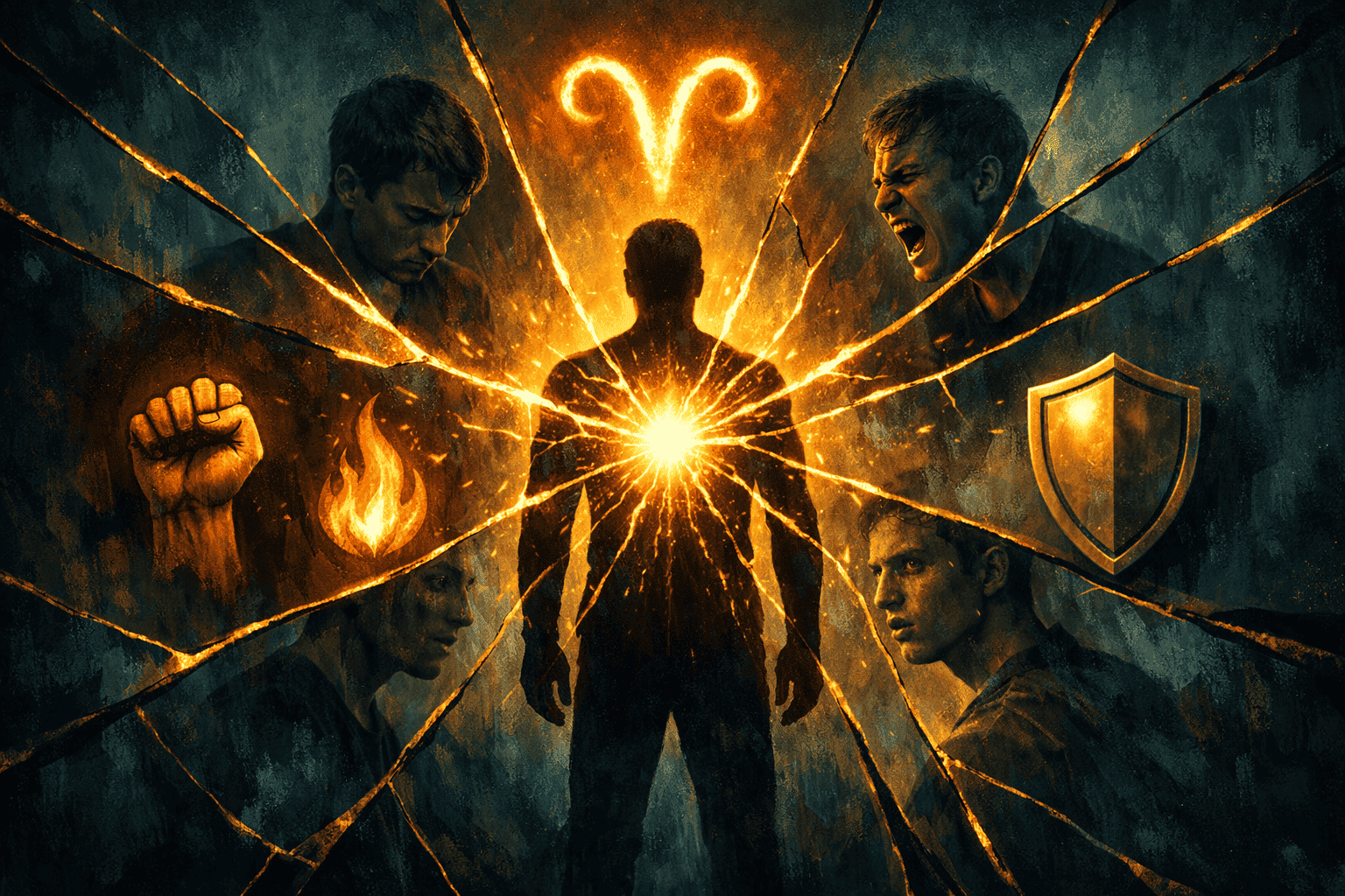 () conceptual illustration of a human figure standing at the center of a cracked mirror that reflects fragmented