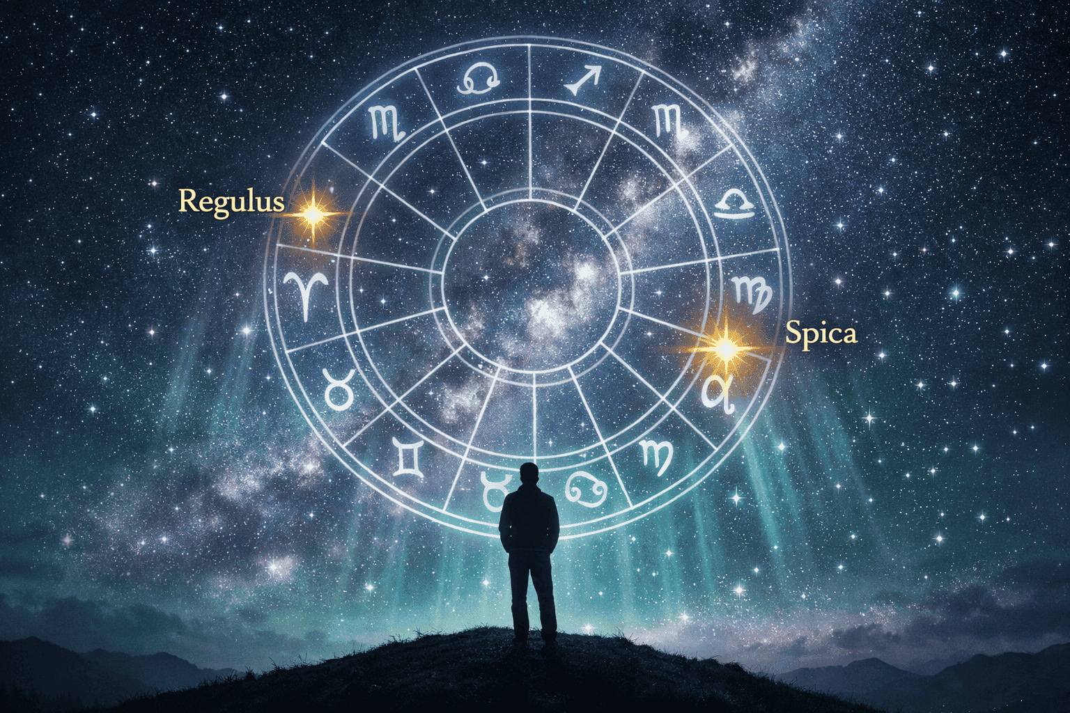 () conceptual illustration of a person silhouetted against a vast night sky, standing on a hilltop, with a glowing natal